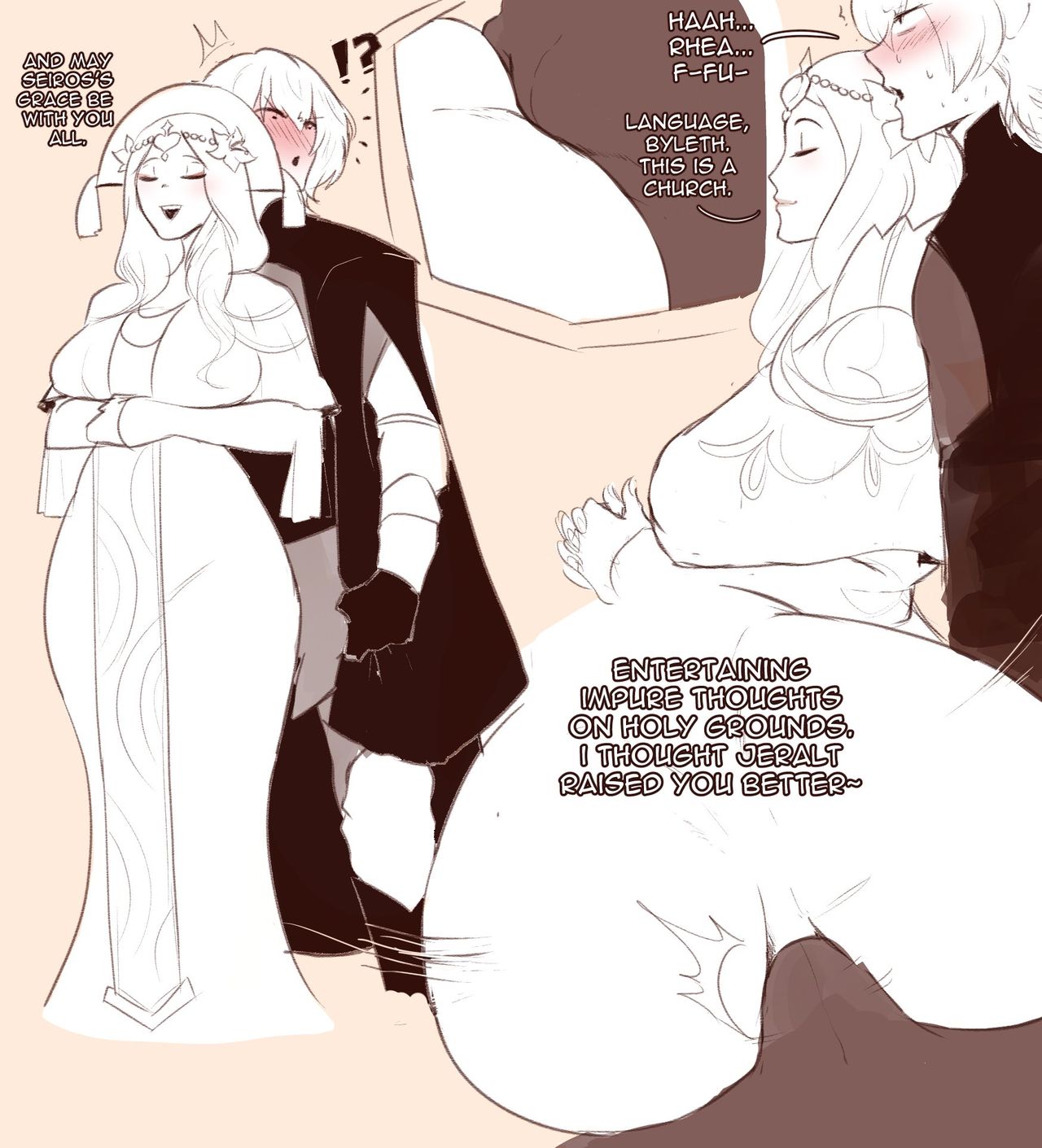 !?, 1boy, 1girls, ass, assertive female, assjob, bad id, bad twitter id, blush, breasts, bulge, buttjob, byleth (fire emblem), byleth (fire emblem) (male), cape, church, closed mouth, clothed sex, covered penetration, dialogue, dress, english text, erection, erection under clothes, female, fire emblem, fire emblem: three houses, flower, forced in fabric, grinding, hair flower, hair ornament, highres, large ass, large breasts, long hair, male, monochrome, older female, open mouth, penis, rhea (fire emblem), sex, short hair, smile, standing sex, stealth sex, straight, teasing, text, thiccwithaq, tiara, tight dress, wide hips
