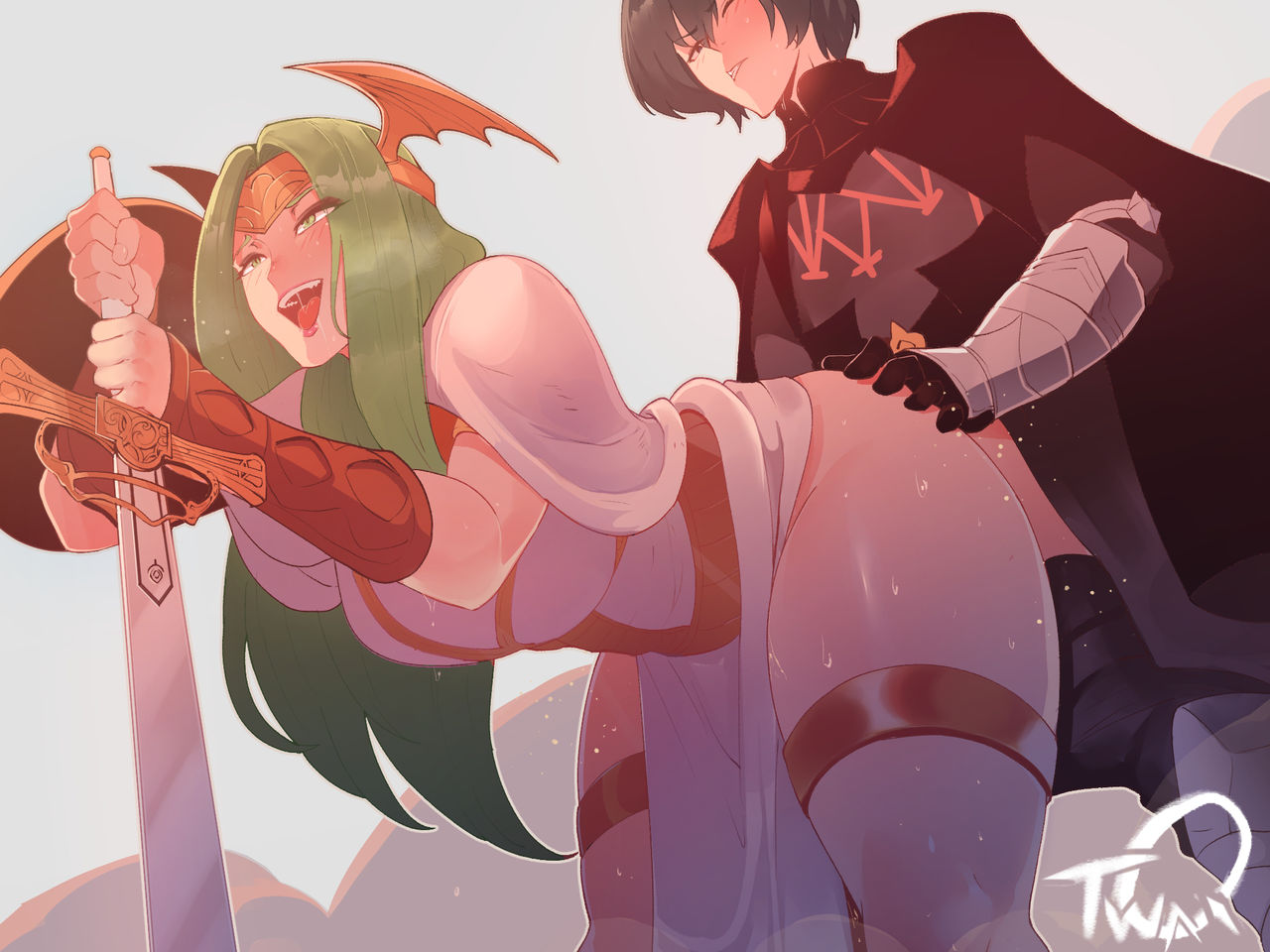 ass_grab bent_over blush byleth_(fire_emblem) byleth_(fire_emblem)_(male) clothed_sex excited female fire_emblem fire_emblem:_three_houses looking_pleasured male older_female pleasure_face rhea_(fire_emblem) seiros_(fire_emblem) sex sex_from_behind smile sword thiccwithaq vaginal_penetration