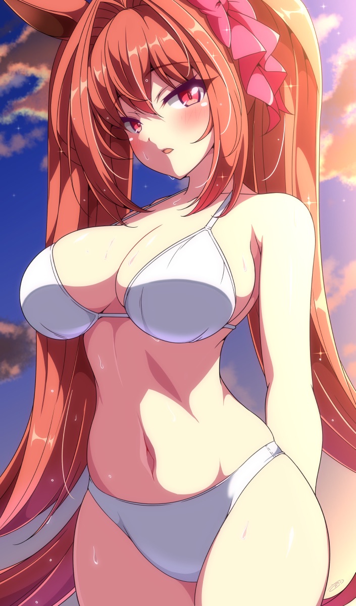 arrogant, blush, daiwa scarlet (umamusume), female, horse girl, sunset, swimsuit, umamusume, white swimsuit