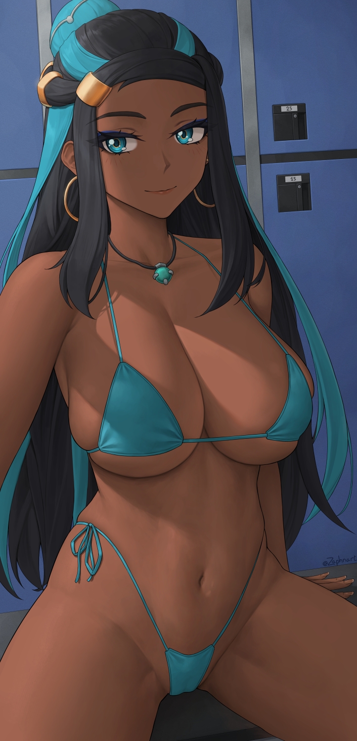 1girls 2022 artist_signature bikini black_hair blue_bikini blue_eyes breasts brown_skin clothing dark-skinned_female dark_skin female female_only gym_leader hi_res hips huge_breasts human long_hair looking_at_viewer neckwear nessa_(pokemon) nintendo pokemon pokemon_ss slim_waist swimsuit swimwear thick_thighs thighs wide_hips zaphn