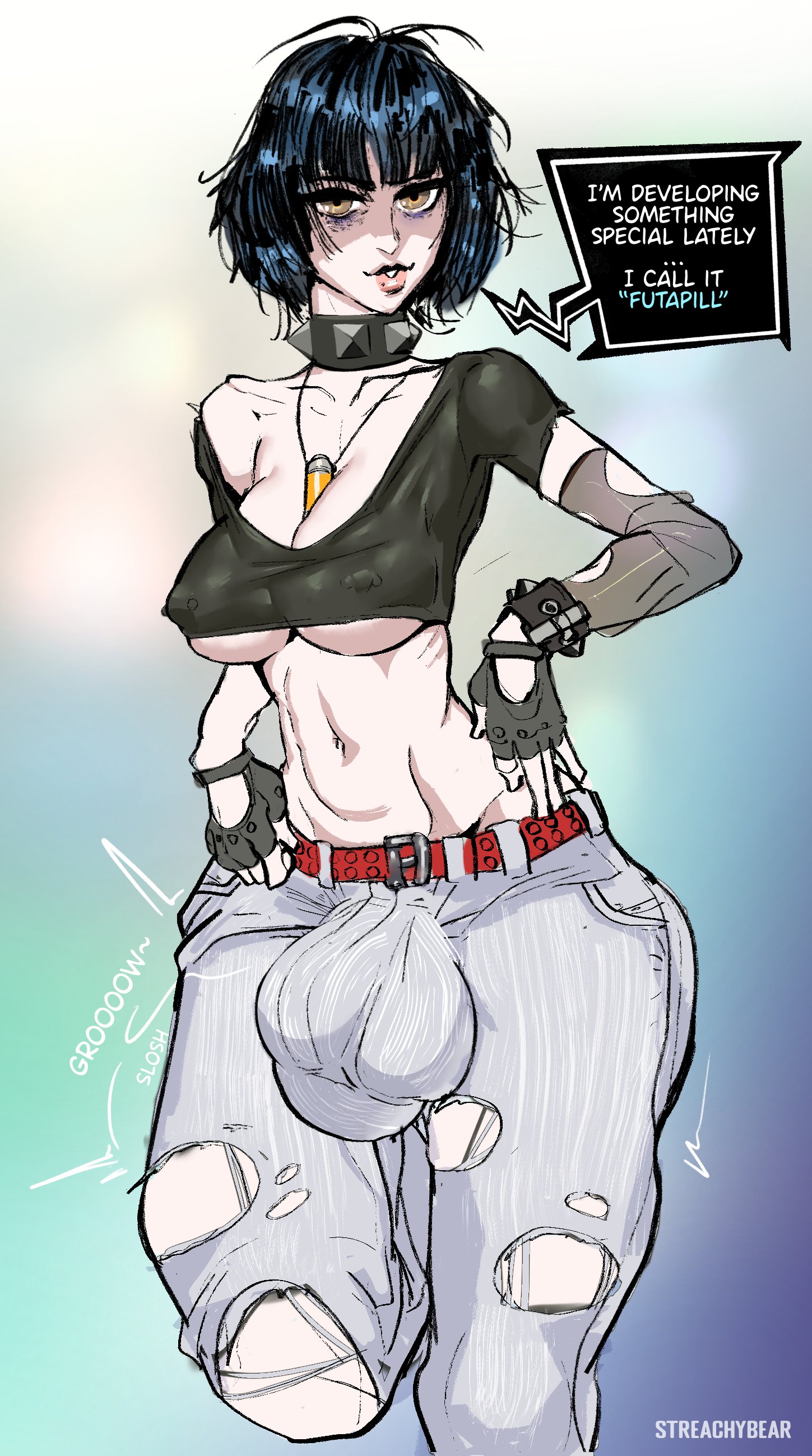1futa, balls, bangs, black hair, breasts, bulge, caption, clothed, clothing, english text, fully clothed, futa only, futanari, human, intersex, light skin, light-skinned futa, looking at viewer, penis, persona, persona 5, short hair, solo, standing, streachybear, tae takemi, talking to viewer, text, thick thighs, tight clothing, transformation, underboob, wide hips