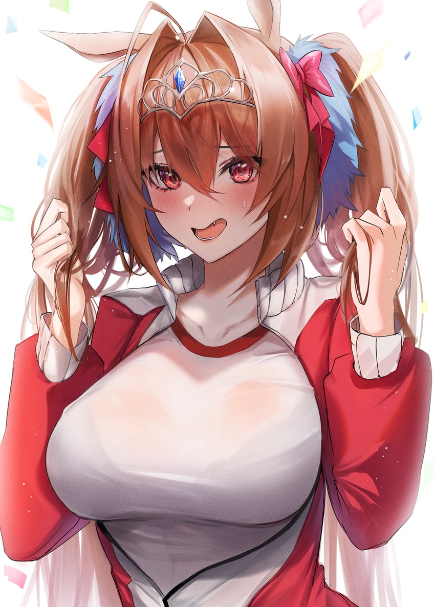 1girls, animal ears, blush, breasts, brown hair, clothed, cute, daiwa scarlet (umamusume), female, female only, horse ears, horse girl, potential showing nipples, solo, solo female, sports uniform, sportswear, twintails, umamusume, very long hair