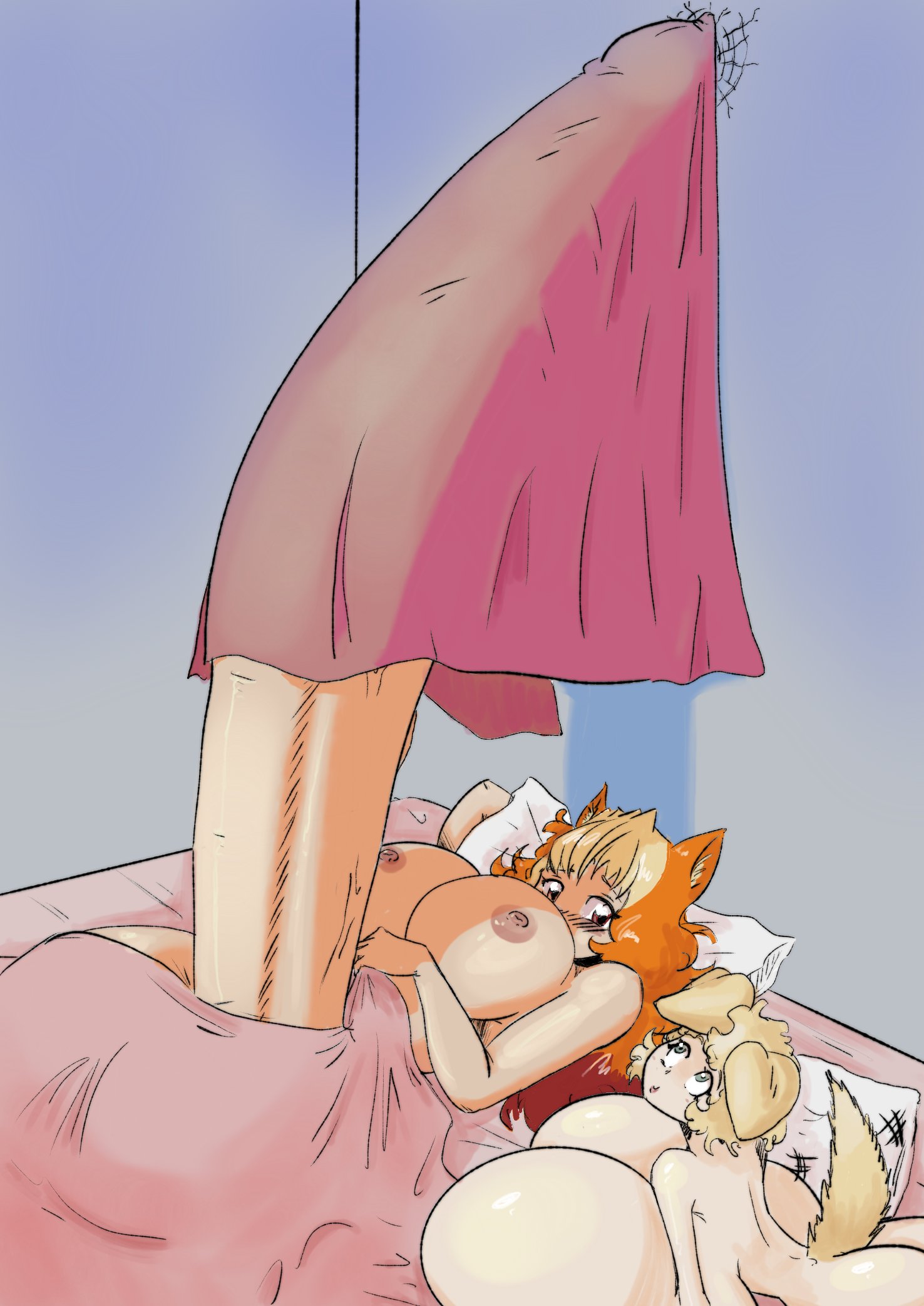 1futa, 1girls, animal ears, ass, big ass, big breasts, blush, boner, breasts, breasts bigger than head, breasts bigger than torso, cracked wall, duo, enormous breasts, female, futanari, gigantic breasts, huge ass, huge breasts, huge cock, humanoid, humanoid penis, hyper, hyper breasts, hyper penis, intersex, kemonomimi, kokido, light skin, light-skinned futa, long hair, massive breasts, morning wood, nude, penis, penis bigger than body, short hair, tagme