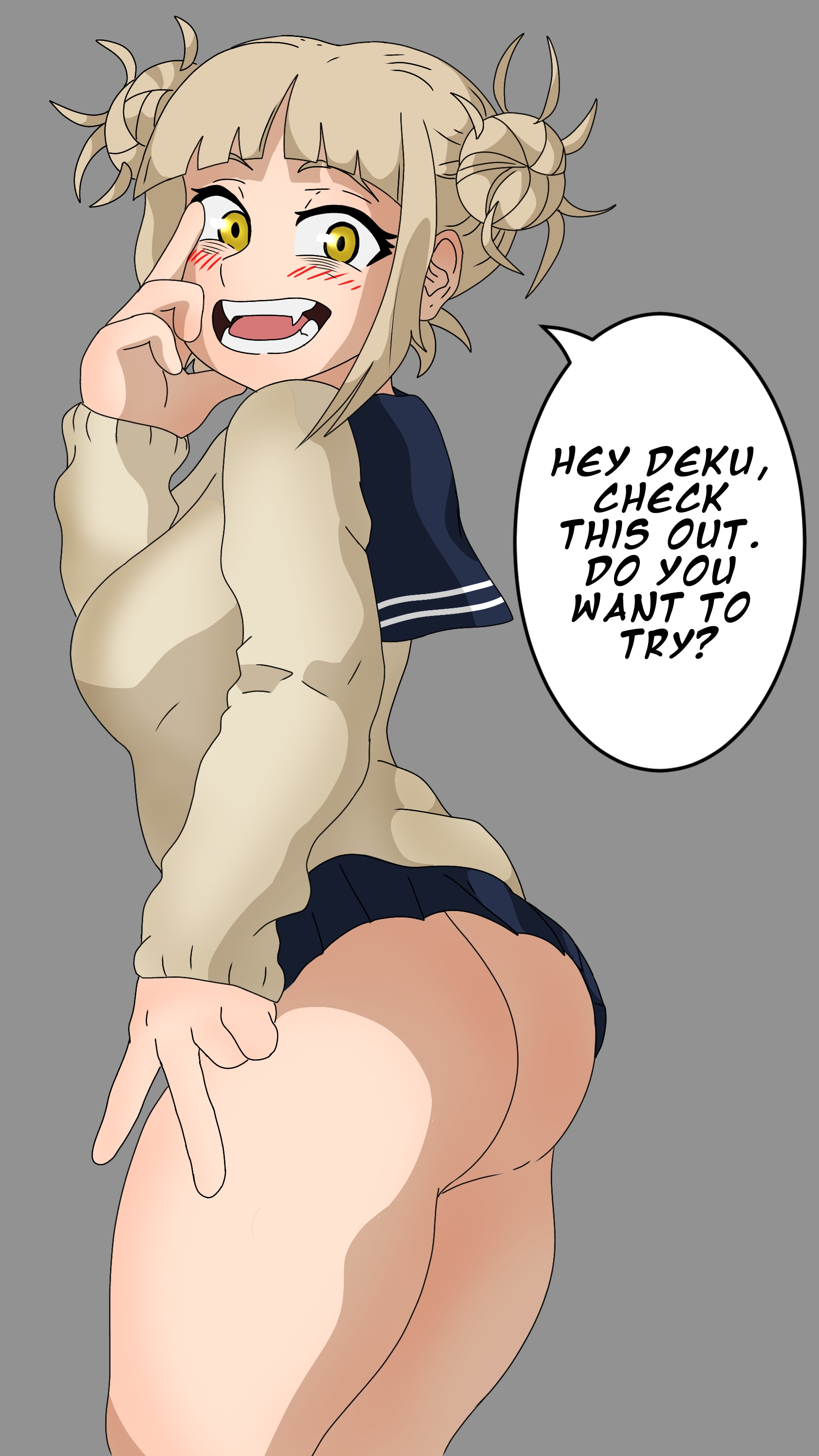 ass, ass focus, big ass, dialogue, female, frederickjdraws, himiko toga, my hero academia, school uniform, schoolgirl, skirt lift, smile, thick ass, thick thighs, wide hips, yellow eyeshadow