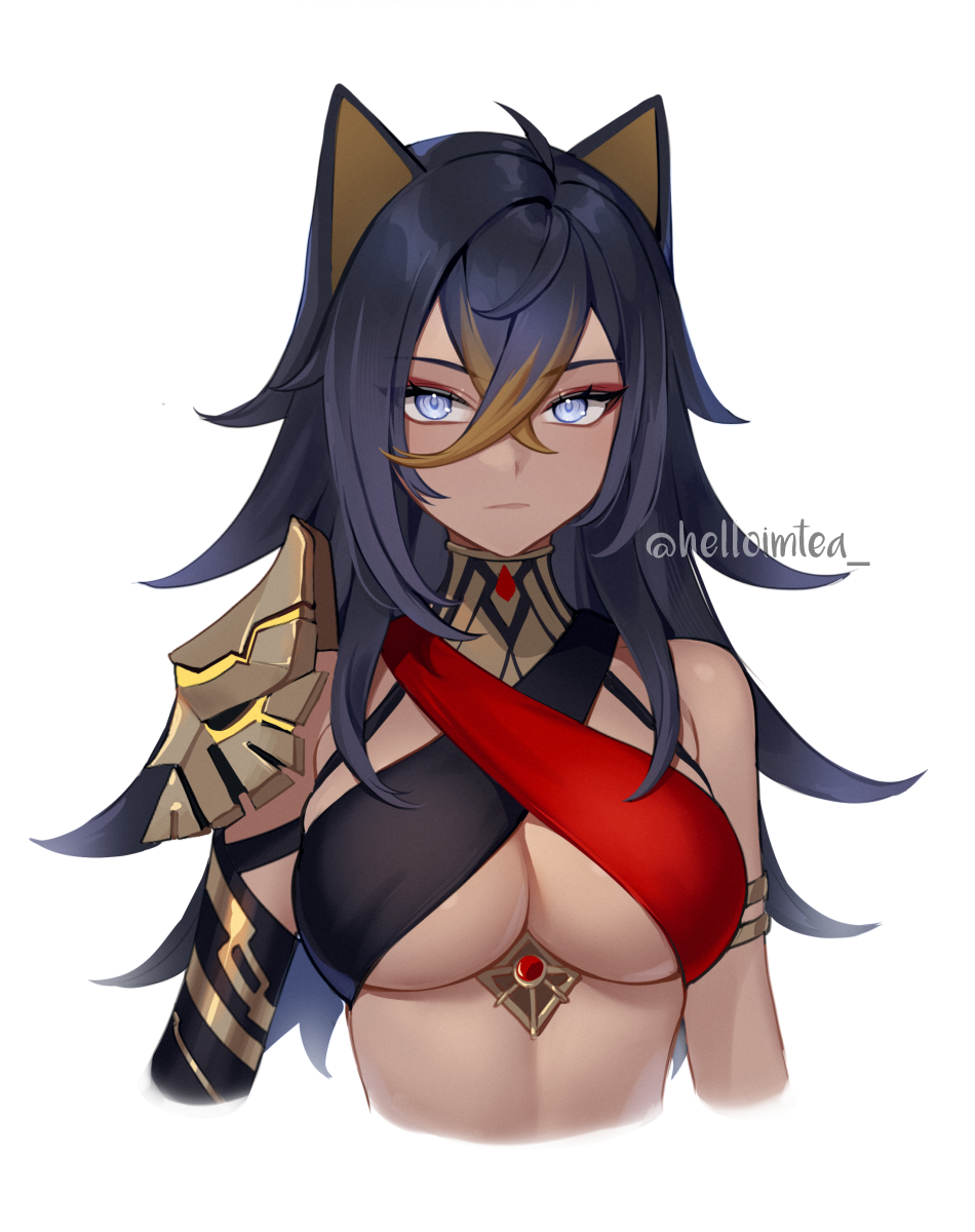 1girls 2022 animal_ears anthro artist_signature big_breasts black_hair blue_eyes breasts criss-cross_halter dark-skinned_female dark_skin dehya_(genshin_impact) female female_only genshin_impact halterneck helloimtea lavender_eyes looking_at_viewer midriff underboob upper_body white_background