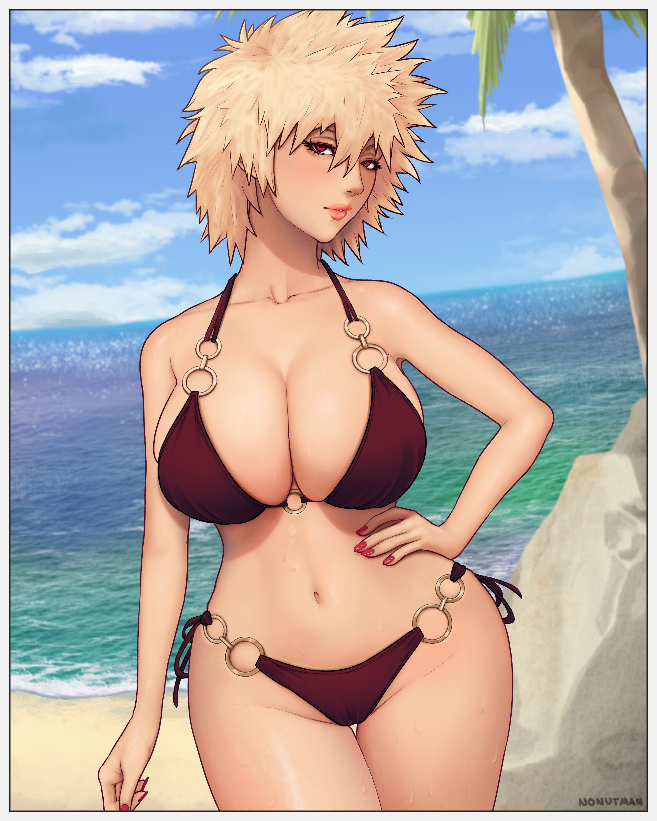 1girls, about to burst, barely contained, barely contained breasts, barely fits, big breasts, bikini bottom, bikini top, blonde hair, breasts, breasts too big, bursting breasts, female, female only, hair, hand on hip, hips, huge breasts, imminent wardrobe malfunction, lips, mature, mature female, milf, mitsuki bakugou, mother, my hero academia, nonutman, palm tree, red bikini, red eyes, red nail polish, red nails, solo, solo female, thick lips, thick thighs, thighs, tight bikini, tight clothing, tight fit, tight swimsuit, tight swimwear, too tight, undersized clothes, undersized clothing
