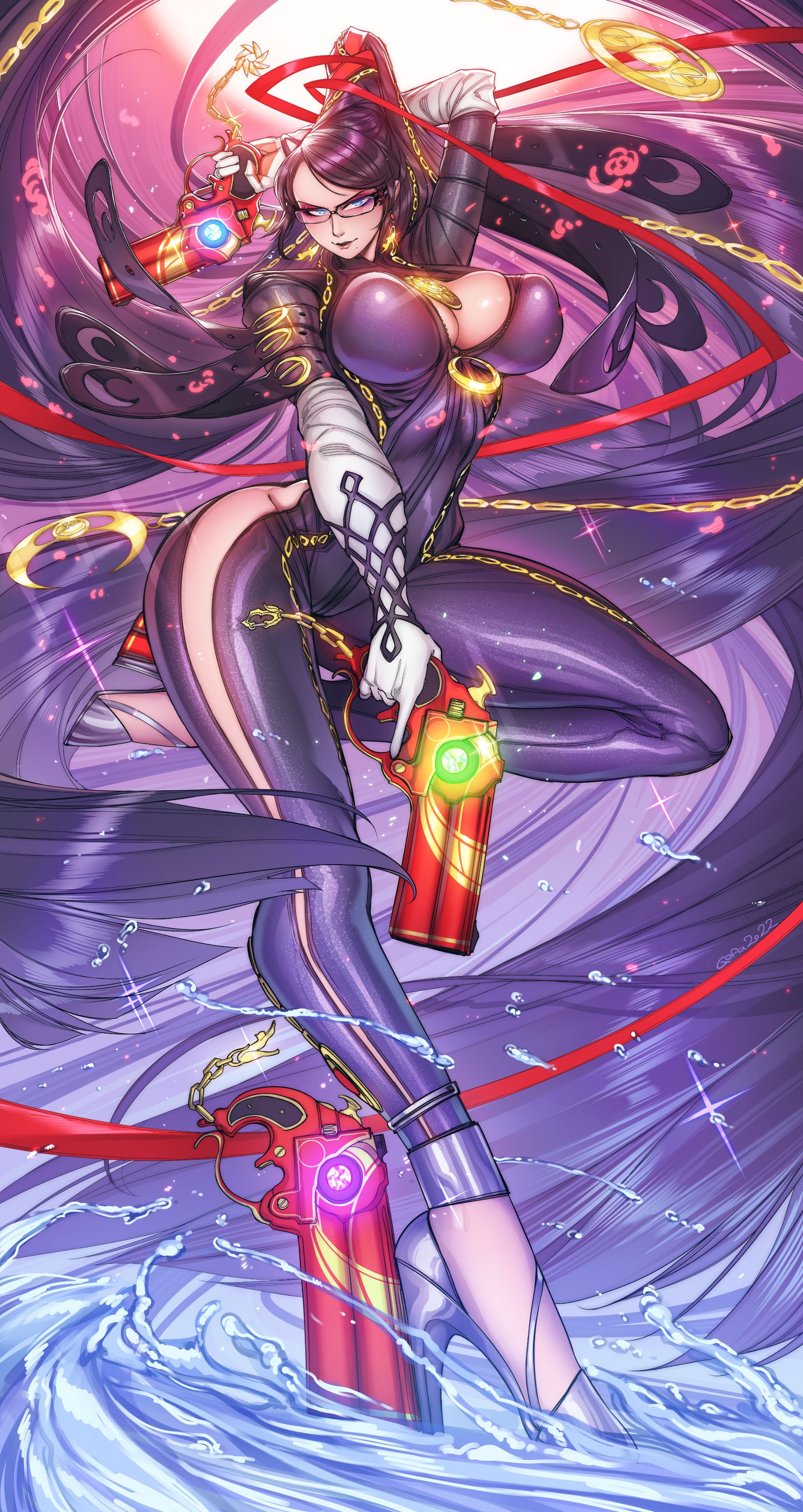 1girls, accessory, bayonetta, bayonetta (character), beauty mark, big breasts, black hair, blue eyes, bodysuit, breasts, cleavage, clothing, ear piercing, earrings, female, female only, glasses, gofa, gun, guns, handgun, heels, jewelry, large breasts, long hair, looking at viewer, piercing, pistol, pistols, smile, solo, thick thighs, water, weapon, weapons, wide hips