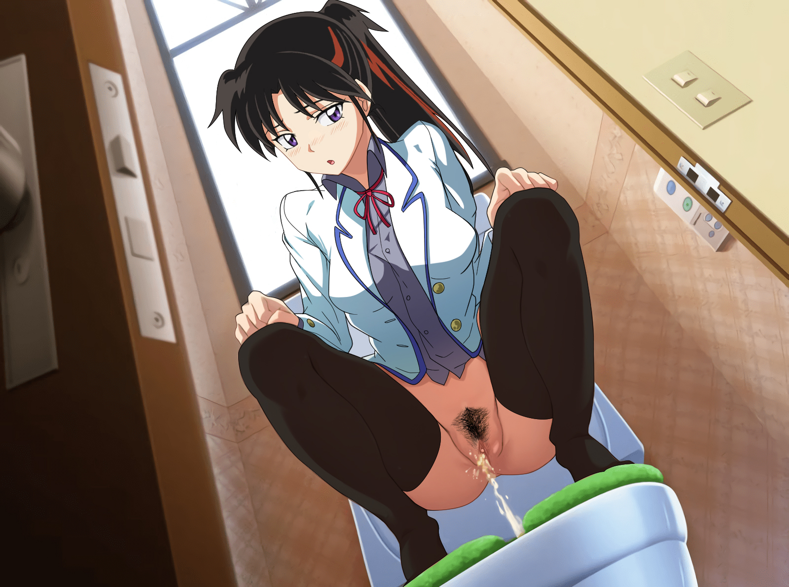 black socks, bottomless, female, hairy pussy, inuyasha, peeing, pussy, setsuna (yashahime), socks, thigh socks, thighhighs, toilet, toilet pee, uniform, voyeur, yashahime: princess half-demon