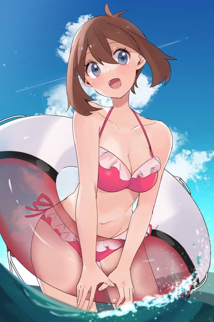 1girls, bare arms, bare legs, bare shoulders, bare thighs, beach, belly, belly button, bent over, bikini, bikini bottom, bikini top, blue eyes, blue sky, blush, blushing, bra strap, breasts, brown hair, clavicle, clear sky, cleavage, fair skin, female, female focus, female only, floatie, frilled bikini, frilled bra, frilled panties, frills, hourglass figure, innertube, light skin, may (pokemon), medium breasts, medium hair, ocean, pink bra, pink clothing, pink panties, pink swimsuit, pink swimwear, pokemon, pokemon rse, pool float, ririmon, sfw, skinny, skinny female, softcore, solo, solo female, solo focus, swimsuit, wholesome