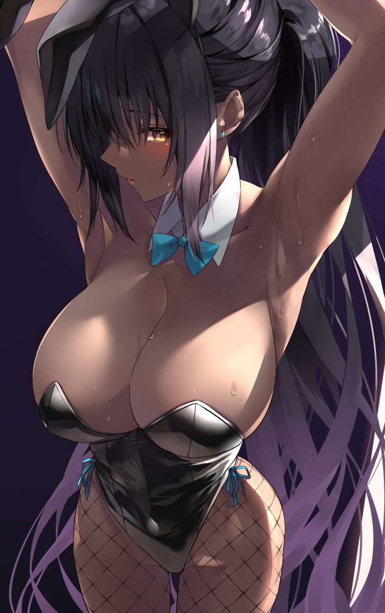 ass, bare shoulders, black hair, blue archive, breasts, dark skin, dark-skinned female, female, fishnet pantyhose, from behind, gloves, halo, huge ass, karin (blue archive), karin (bunny) (blue archive), large breasts, leotard, long hair, looking at viewer, open mouth, pantyhose, parted lips, playboy bunny, ponytail, rabbit ears, rabbit tail, shiny, shiny clothes, shiny hair, shiny skin, sideboob, solo, tagme, thong leotard, very long hair, yellow eyes