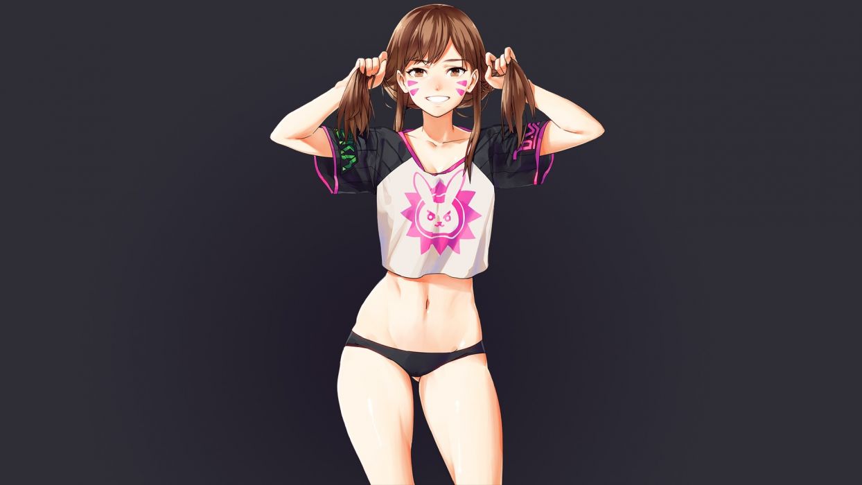brown hair, d.va, female, female only, grin, noto tsugumi, overwatch, pulling hair, smile, solo, t-shirt