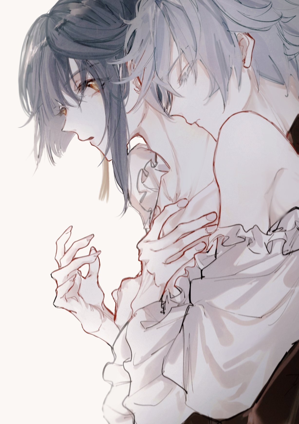 blue hair, blush, chongyun (genshin impact), closed eyes, clothed, clothed sex, clothing, from behind, from behind position, gay, gay sex, genshin impact, gold eyes, hugging, hugging from behind, love, male, male only, tassel earrings, xingqiu (genshin impact), yaoi
