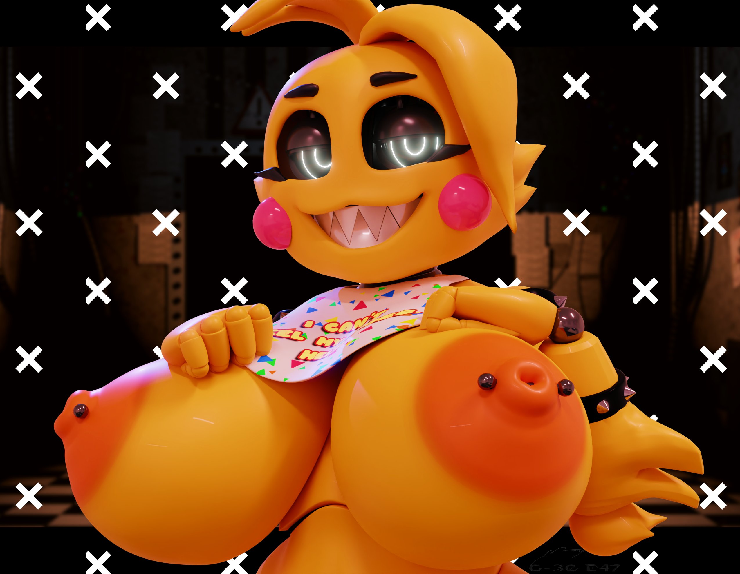 3d, 3d (artwork), big breasts, breasts, close-up, female, five nights at freddy's, five nights at freddy's 2, geodat64, heartbreak chica (geodat64), nipple piercing, nipples, piercing, smiling, solo, toy chica (fnaf)