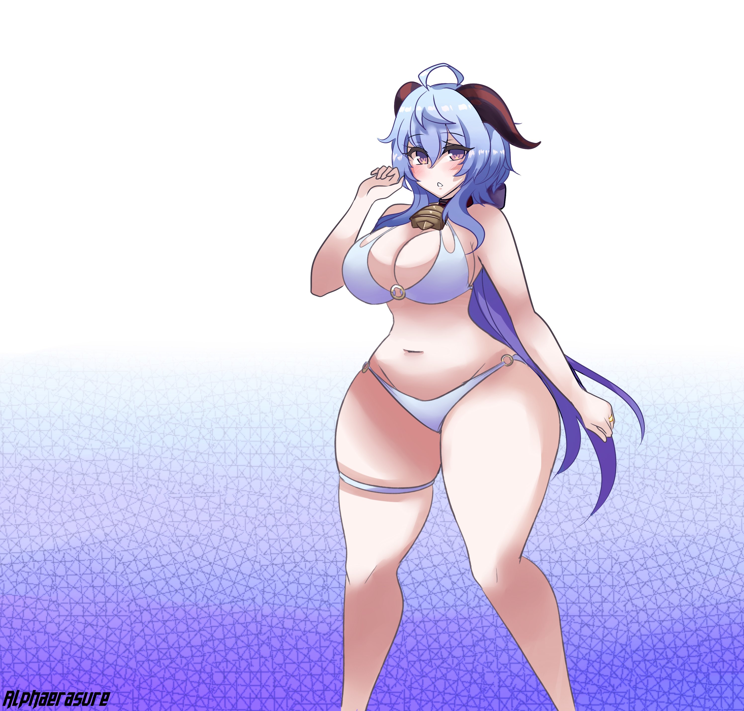 1girls, 2022, alphaerasure, big breasts, bikini, breasts, cleavage, female, female focus, ganyu (genshin impact), genshin impact, hourglass figure, long hair, solo, solo female, solo focus, swimsuit, thick thighs, thighs