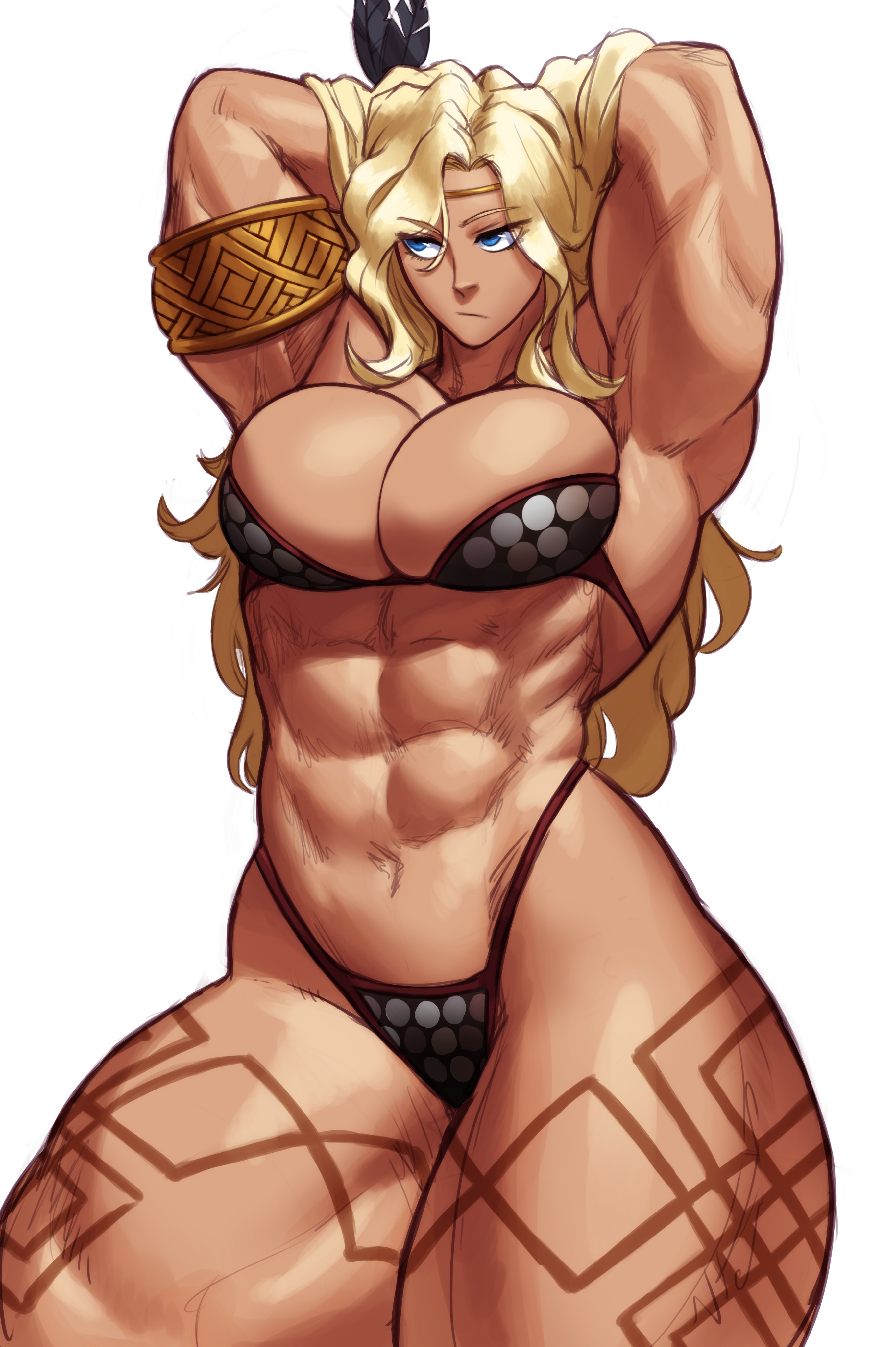 1girls, abs, absurd res, amazon (dragon's crown), arms behind head, big breasts, bikini, blonde hair, blue eyes, breasts, dragon's crown, female, female only, long hair, looking away, muscles, muscular, muscular female, muscular thighs, solo, solo female, sotcho, thick thighs, white background