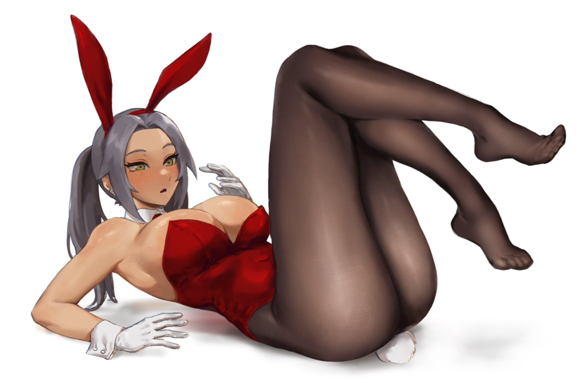 1girls, 2021, bent legs, blush, bunny ears, bunny tail, bunnysuit, dark skin, dark-skinned female, detached collar, female, female only, fungi (fungi542/gompang 11), gloves, green eyes, grey hair, hi res, long hair, lying, lying on back, pantyhose, ponytail, solo, thick thighs, white background, wrist cuffs