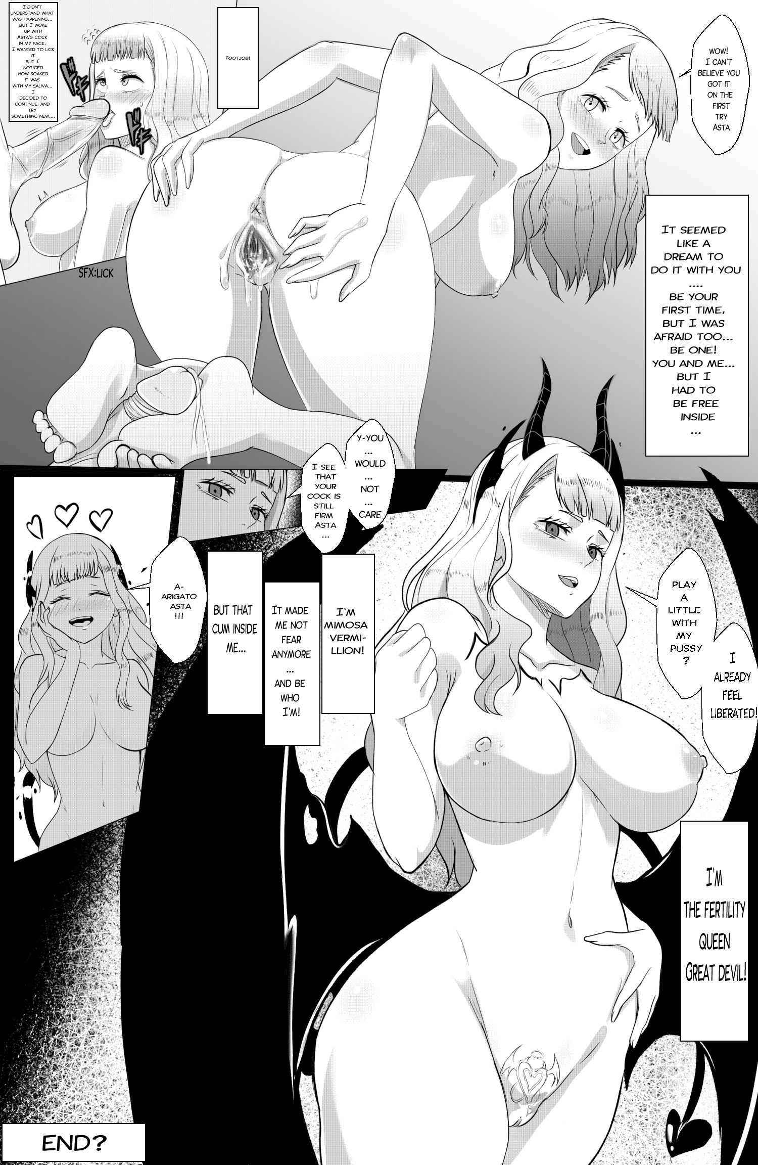 1boy, 1girls, after fellatio, after sex, anus, ass, asta (black clover), barefoot, black and white, black clover, breasts, child bearing hips, come hither, cum, feet, female, footjob, heart, horn, huge ass, huge breasts, licking penis, licking tip, male, manga, mimosa vermillion, naughty face, nipples, penis, pussy, smile, soles, spread pussy, straight, tail, the amazing gambit, thick thighs, toes, wings