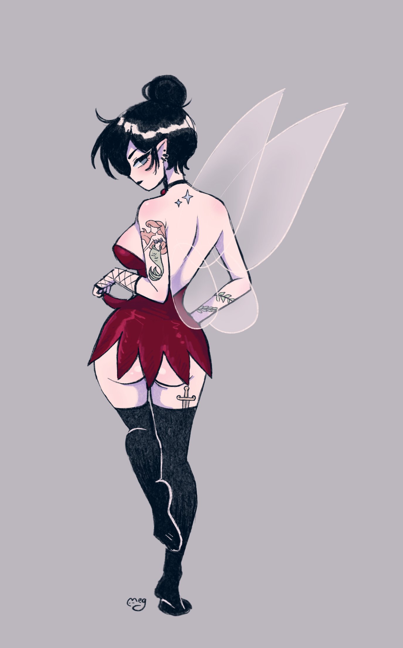 1girls, ass, back view, big ass, big breasts, black hair, black lipstick, black thighhighs, breasts, clothed, disney, dress, elf ears, fae, faerie, fairy, fairy wings, female, female only, fey, goth, goth girl, goth tomboy, grey eyes, hair bun, hi res, insect wings, jpeg, knife, looking at viewer, looking back, megrocks, narrowed eyes, peter pan (disney), pixie, pixie wings, pointed ears, pointy ears, solo, solo female, tattoo, tattoo on arm, tattoo on legs, thighhighs, tied hair, tinker bell, tomboy, underass, wings