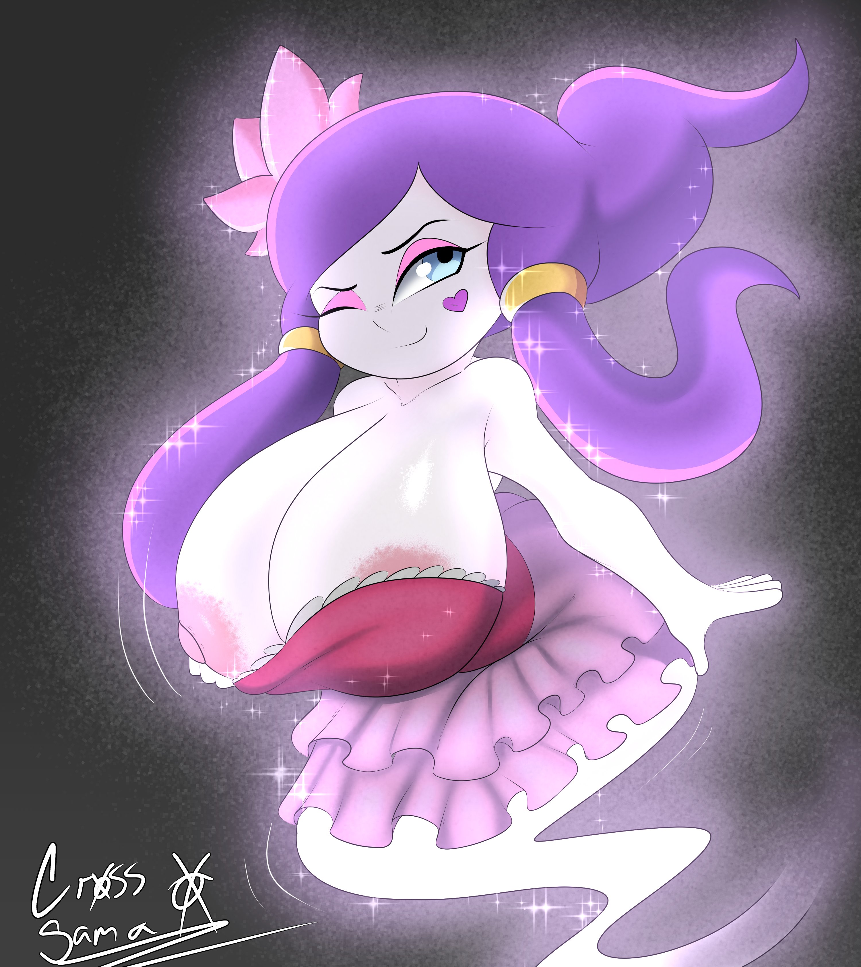 1girls, areolar amelanism, areolar melanosis, big breasts, blue eyes, breasts, busty, cleavage, cross samax, dress, face tattoo, female, female only, ghost, ghost girl, heart tattoo, huge breasts, lah, large breasts, looking at viewer, nipple slip, nipples, one eye closed, purple hair, sega, smile, solo, sonic (series), sonic unleashed, tattoo