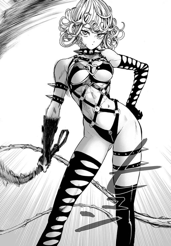 1girls abs asymmetrical_gloves asymmetrical_legwear bdsm bdsm_gear dominatrix elbow_gloves gloves hand_on_hip kaijin_hime_do-s_(cosplay) looking_at_viewer monochrome murata_yuusuke official_art one-punch_man spiked_armlet spiked_collar spiked_whip standing tatsumaki thighhighs thong whip