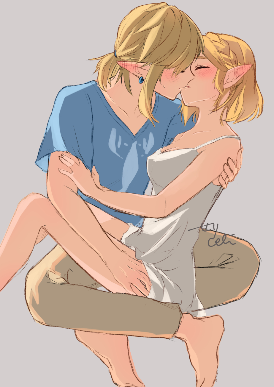 1boy 1boy1girl 1girls blonde_hair blush breath_of_the_wild clothed intimate kissing link link_(breath_of_the_wild) nintendo pointy_ears princess_zelda seri_(yuukasakura) short_hair tears_of_the_kingdom the_legend_of_zelda thigh_grab wholesome zelda_(tears_of_the_kingdom)