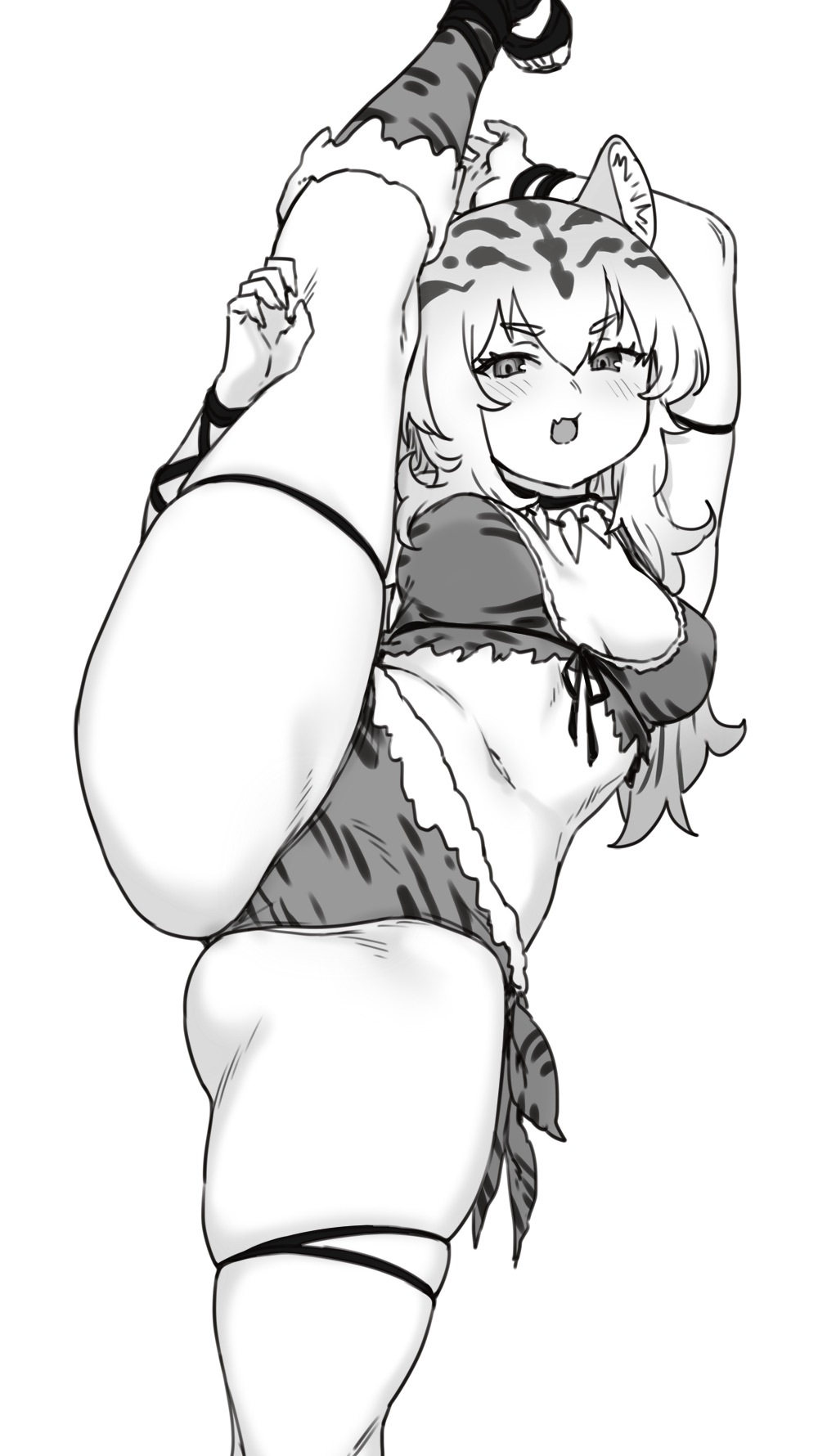 animal_ears arms_up blush breasts cleavage female highres houtengeki kneehighs leg_up medium_breasts monochrome navel open_mouth original solo split standing standing_on_one_leg standing_split thigh_strap thighs tiger_ears white_background