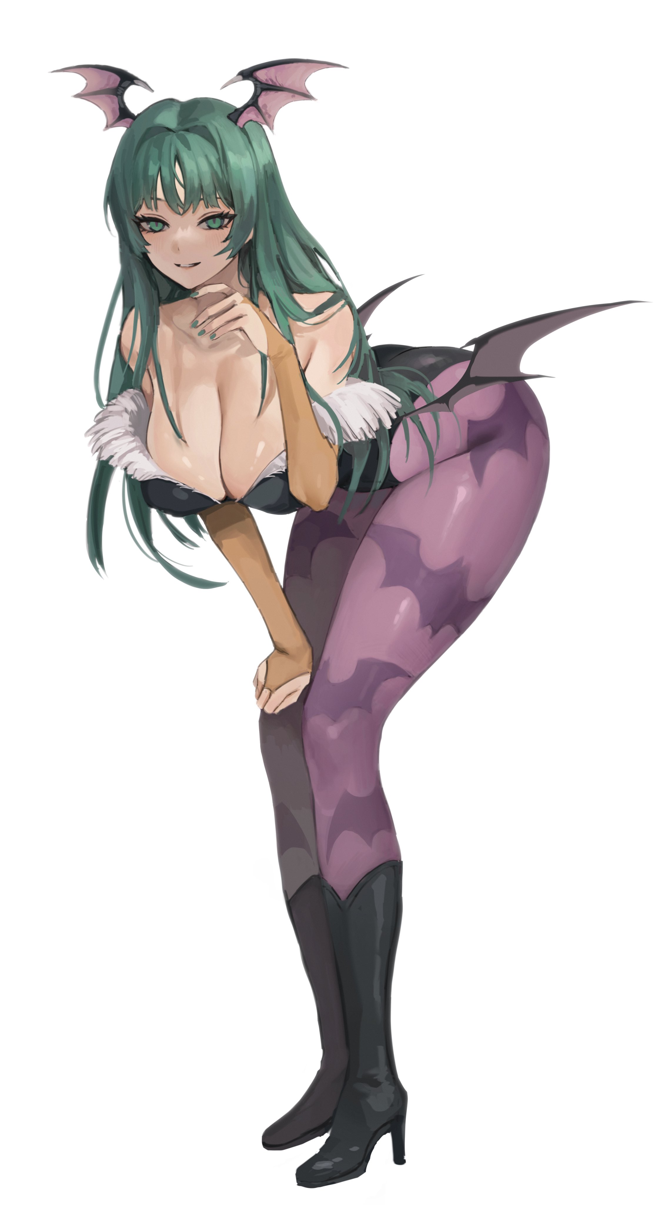 1girls, absurd res, armwear, bat print, bent over, breasts, capcom, cleavage, clothing, darkstalkers, demon, demon wings, female, female only, fungi (fungi542/gompang 11), green eyes, green hair, head wings, heel boots, large breasts, leotard, light skin, light-skinned female, long hair, looking at viewer, morrigan aensland, pantyhose, pink pantyhose, smiling at viewer, solo, succubus, white background, wings
