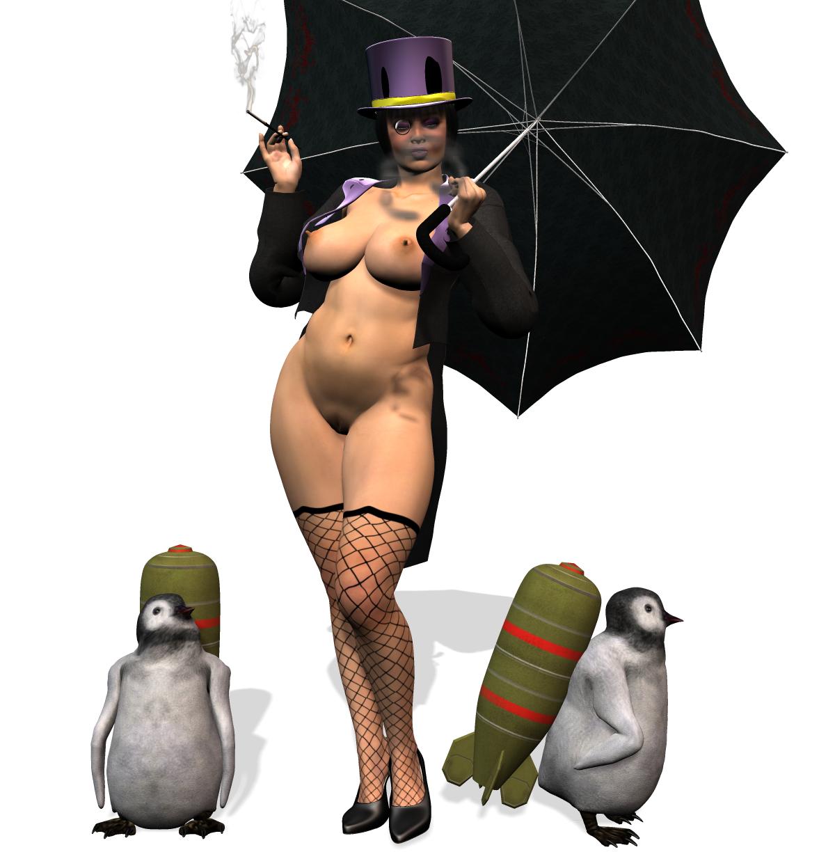 3d batman_(series) beige_skin bomb breasts chup@cabra color dc female fishnets hat holding human interspecies nipples nude rule_63 smoke smoking standing the_penguin umbrella unknown_gender white_background