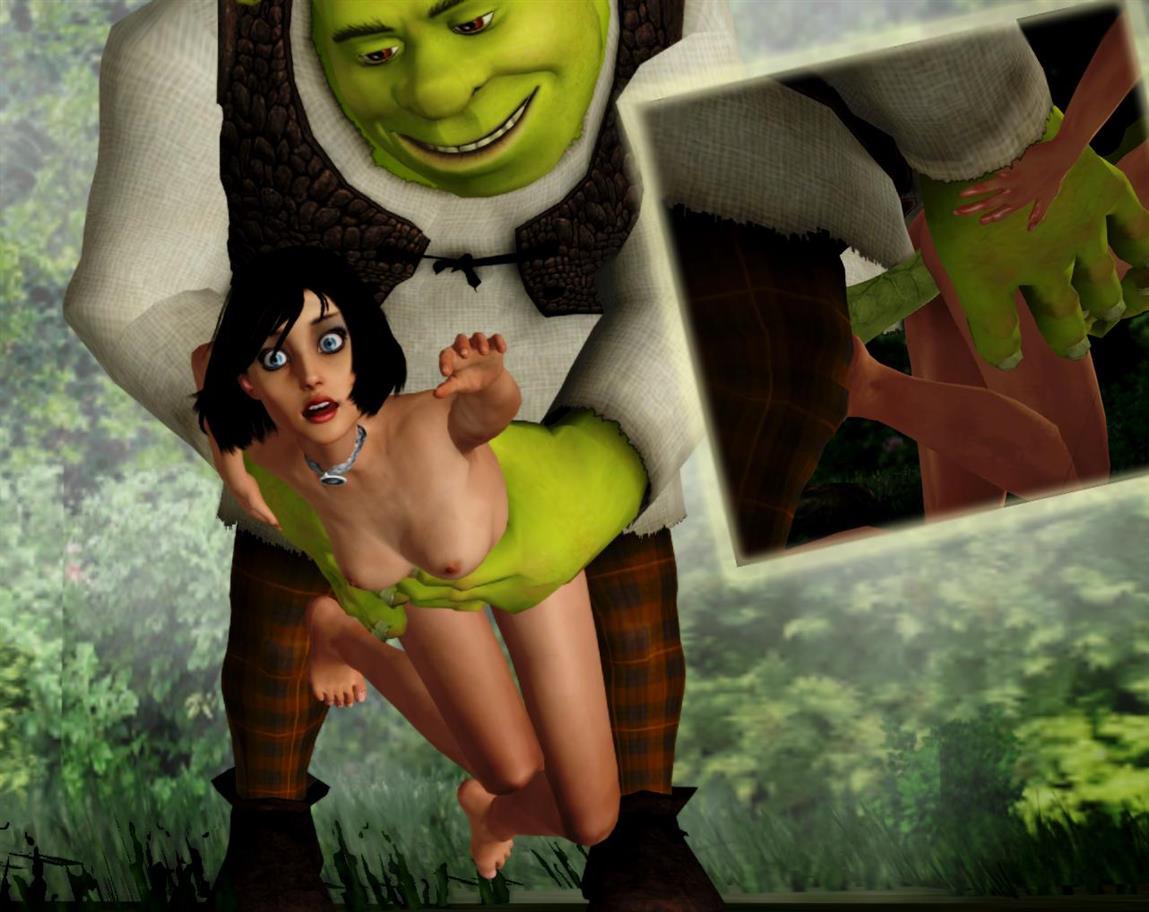 3d ambiguous_penetration andelx bioshock bioshock_infinite black_hair blue_eyes breasts crossover dreamworks elizabeth_comstock female from_behind interspecies legs_together male nipples open_mouth penetration penis short_hair shrek shrek_(series) size_difference wide_eyed