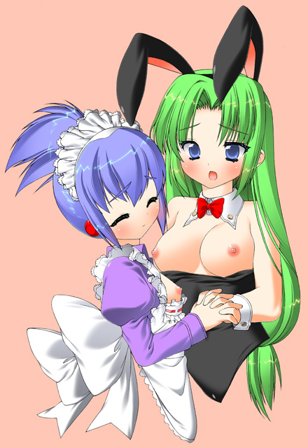 beige_skin blue_eyes blue_hair blush bowtie breasts closed_eyes clothes color female female_only ganbare_goemon green_hair hair holding_hands human long_hair multiple_females multiple_girls nipples open_eyes open_mouth round_ears sasuke_(ganbare_goemon) yae_(ganbare_goemon) yuri