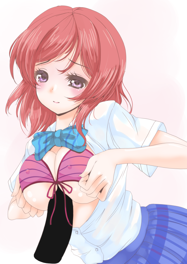 bikini bikini_top blush breast_squeeze breasts censored female frapowa love_live! love_live!_school_idol_project nishikino_maki open_clothes open_shirt paizuri pink_bikini purple_eyes red_hair school_uniform short_hair skirt solo tears