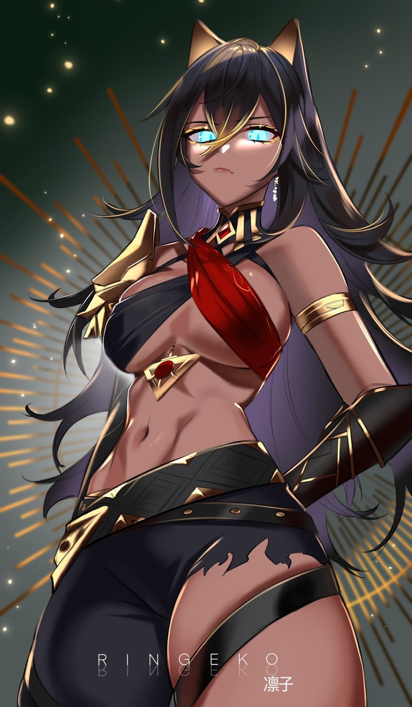 animal_ears black_hair cat_ears dark-skinned_female dark_skin dehya_(genshin_impact) female genshin_impact hair_between_eyes highres long_hair looking_at_viewer oerba_yun_fang ringeko_chan skin_fang solo