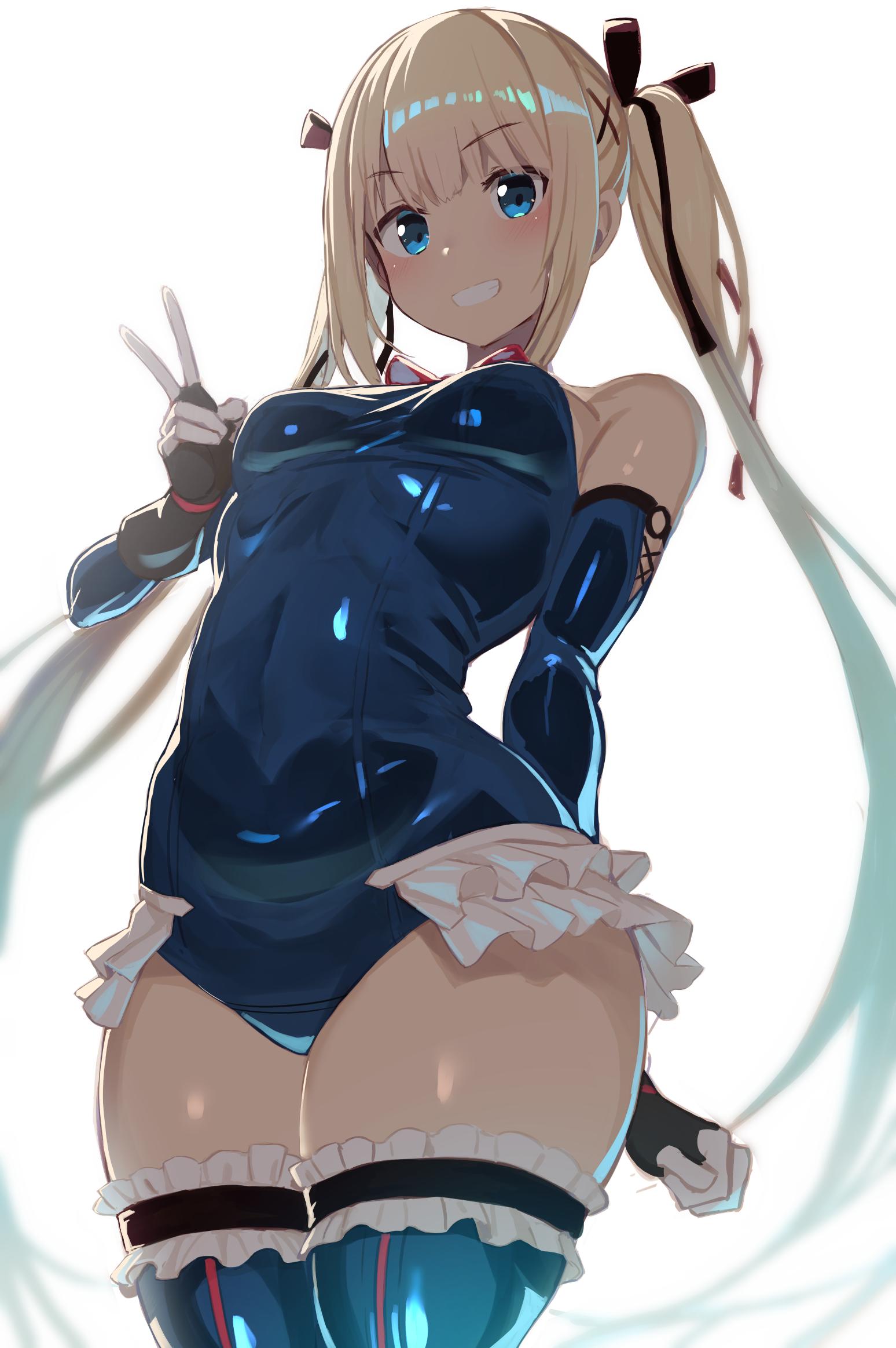 blonde_female blonde_hair dead_or_alive elbow_gloves female female_focus frilled_legwear frilled_leotard frills greatmosu highres leotard light-skinned_female marie_rose marie_rose_(devilish_servant_against_the_splashing_waves) petite small_breasts solo tagme_(artist) teenage_girl teenager thighhighs v