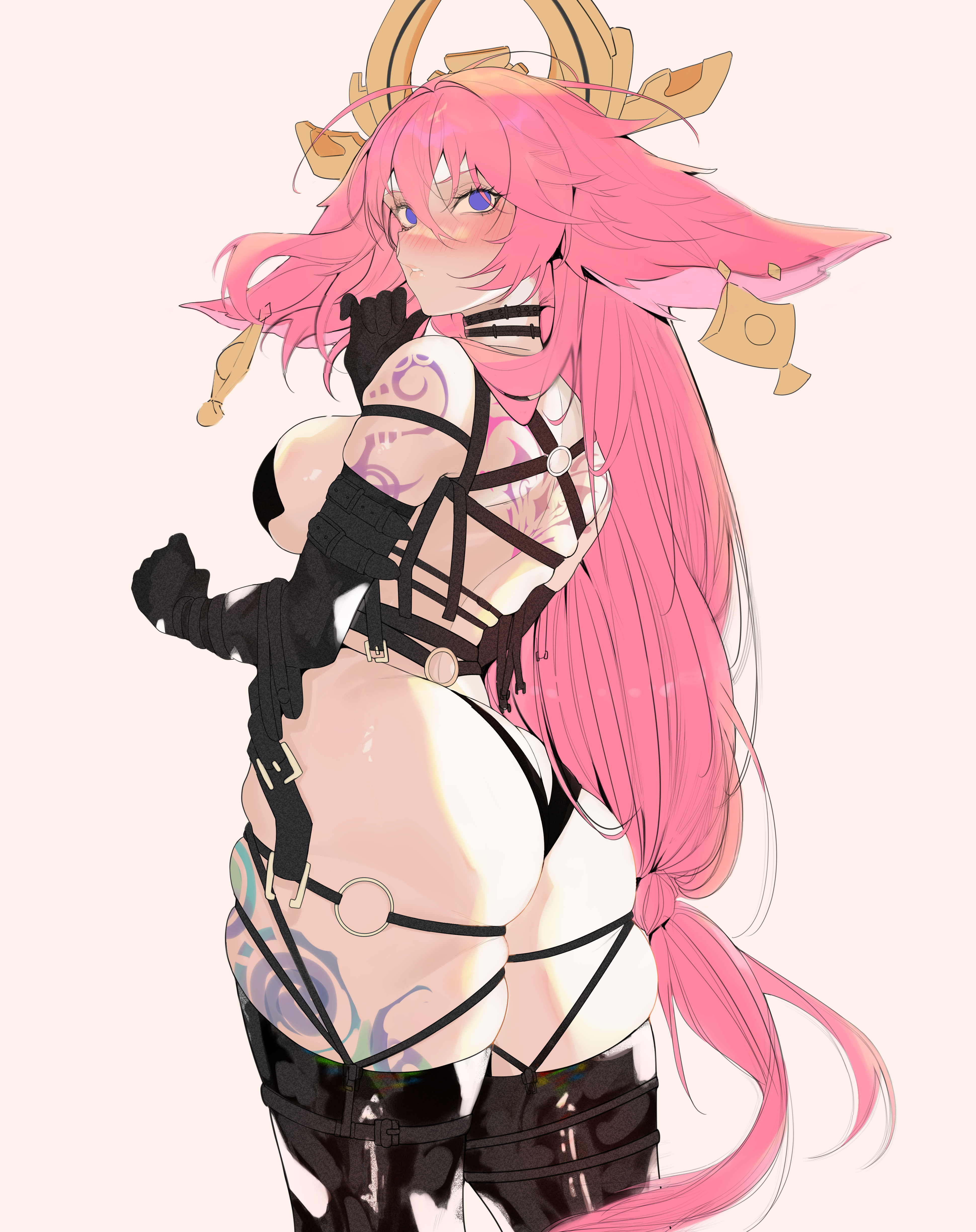 absurdres, ahoge, animal ears, ass, backless outfit, blue eyes, blush, brashearlushert, breasts, brown background, chinese commentary, choker, commentary request, earrings, eyelashes, female, fox ears, fox girl, genshin impact, hair between eyes, headdress, headgear, highres, jewelry, large breasts, long hair, pink hair, sideboob, skindentation, sleeveless, solo, strap, tattoo, thighhighs, very long hair, yae miko