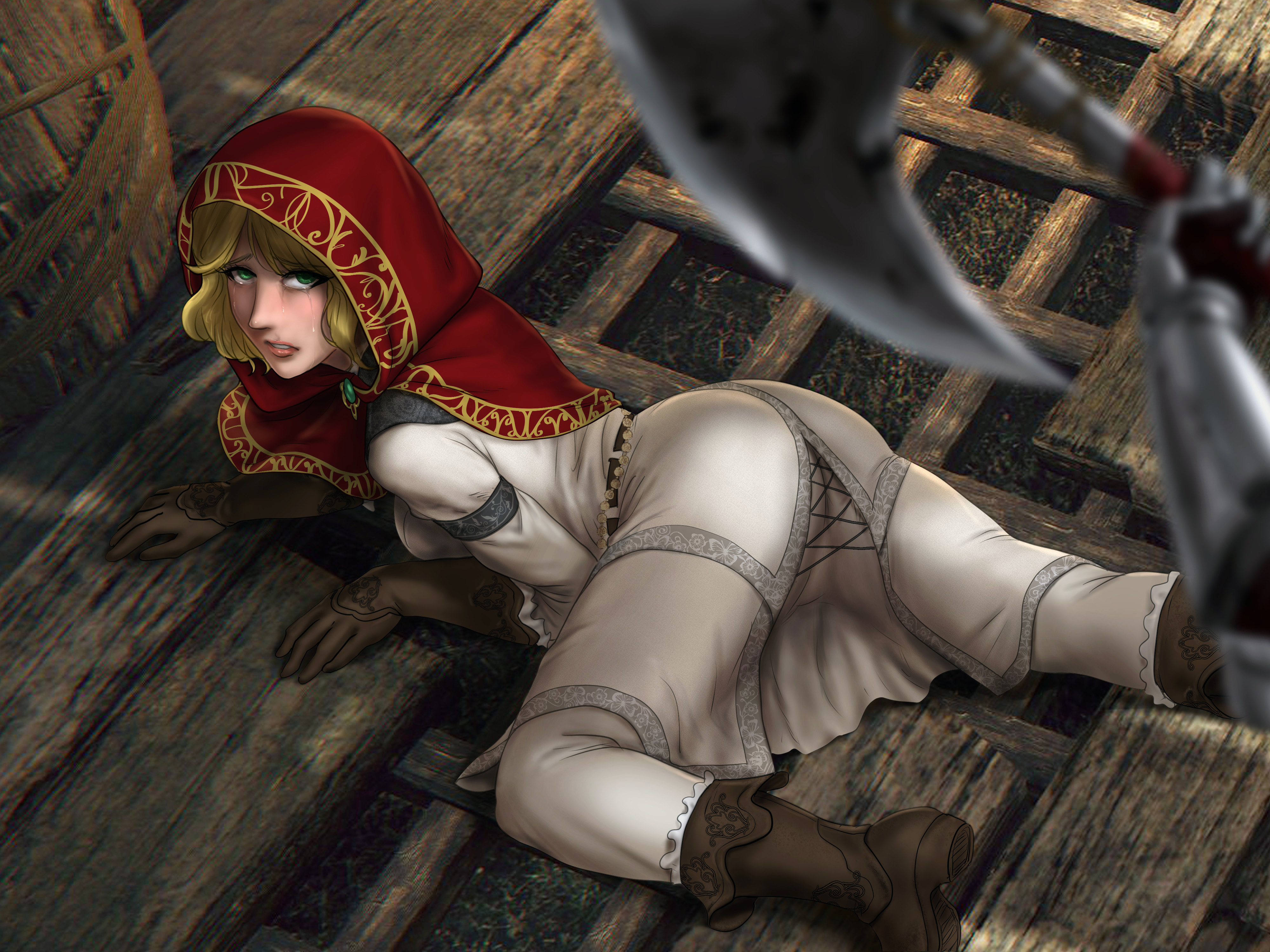1girls, 4:3, ass, ass focus, ayaswan, big ass, blonde hair, clothing, crying, elden ring, female, female only, fromsoftware, imminent death, imminent rape, light skin, light-skinned female, presenting hindquarters, roderika (elden ring), tight clothing