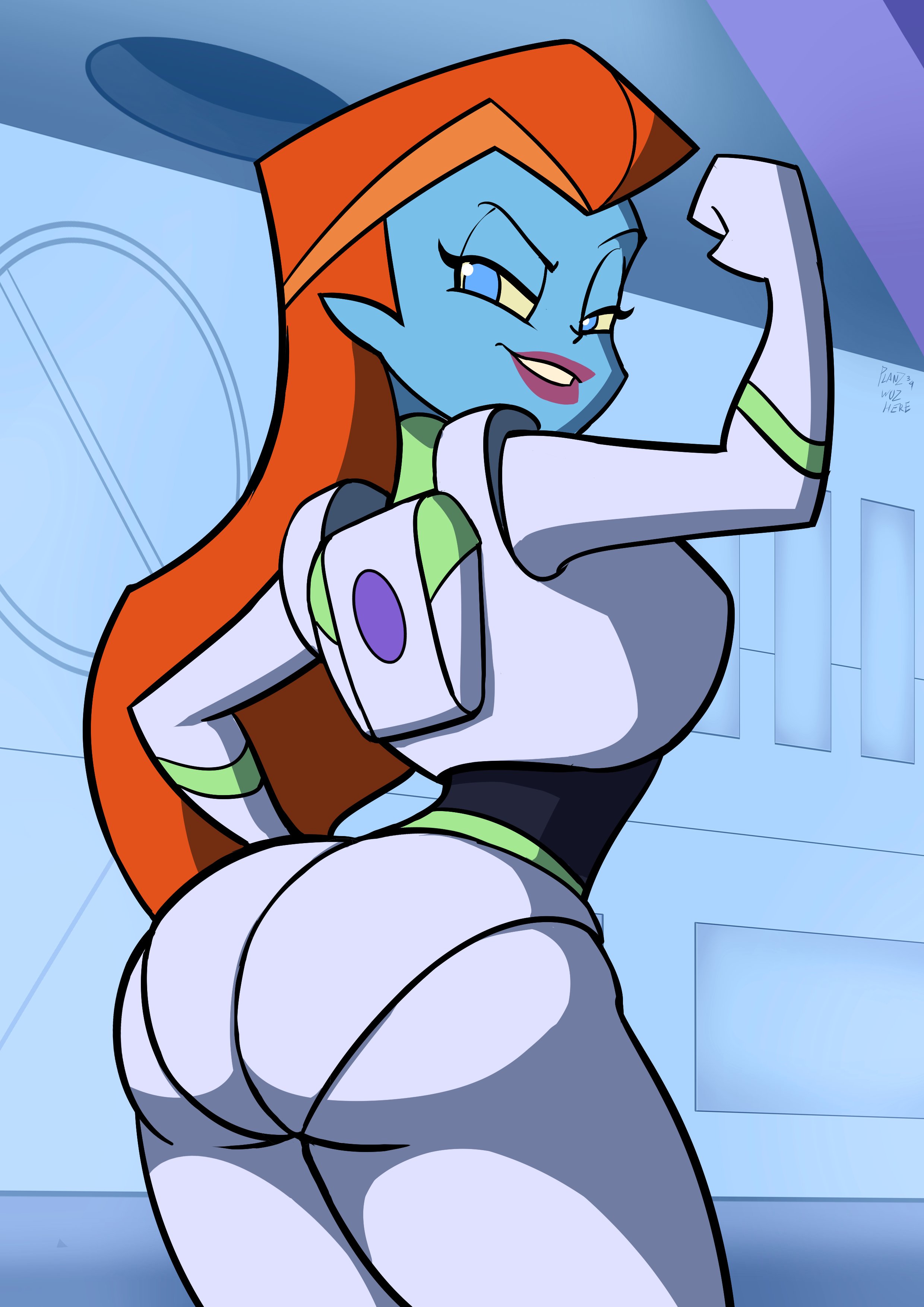 1girls, 2d, alien, alien girl, ass, big ass, blue body, blue eyes, blue skin, blue-skinned female, bodysuit, bubble ass, bubble butt, buzz lightyear of star command, curvaceous, curvy, curvy body, curvy female, disney, disney channel, female, huge ass, large ass, lips, looking at viewer, looking back, mira nova, orange hair, planz34, pose, posing, space ranger, spacesuit, thick ass
