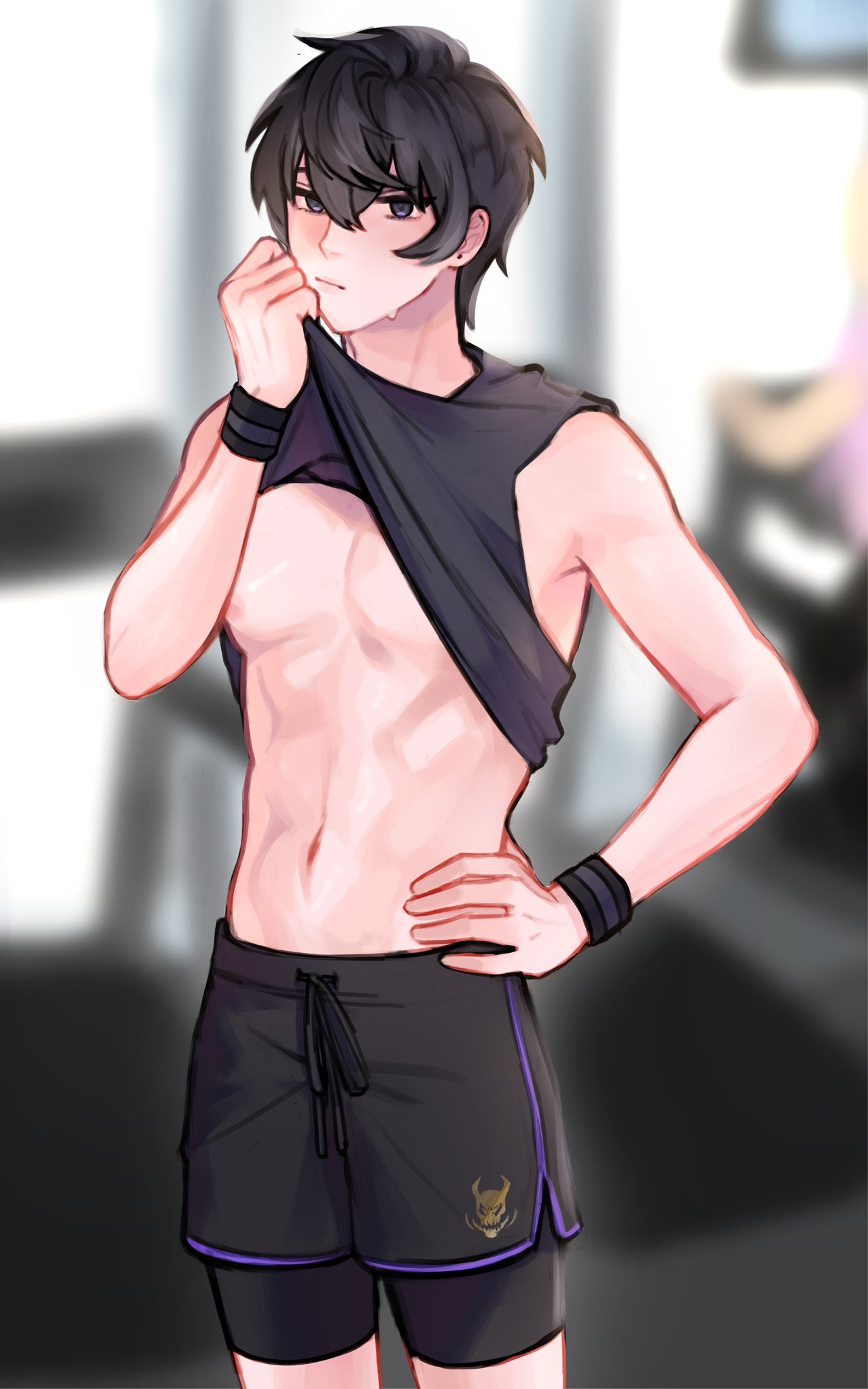 1boy 1littlepear femboy gym indie_virtual_youtuber male male_only original shirt_lift shoto shoto_(vtuber) solo sweating tummy virtual_youtuber wiping_sweat wiping_with_shirt