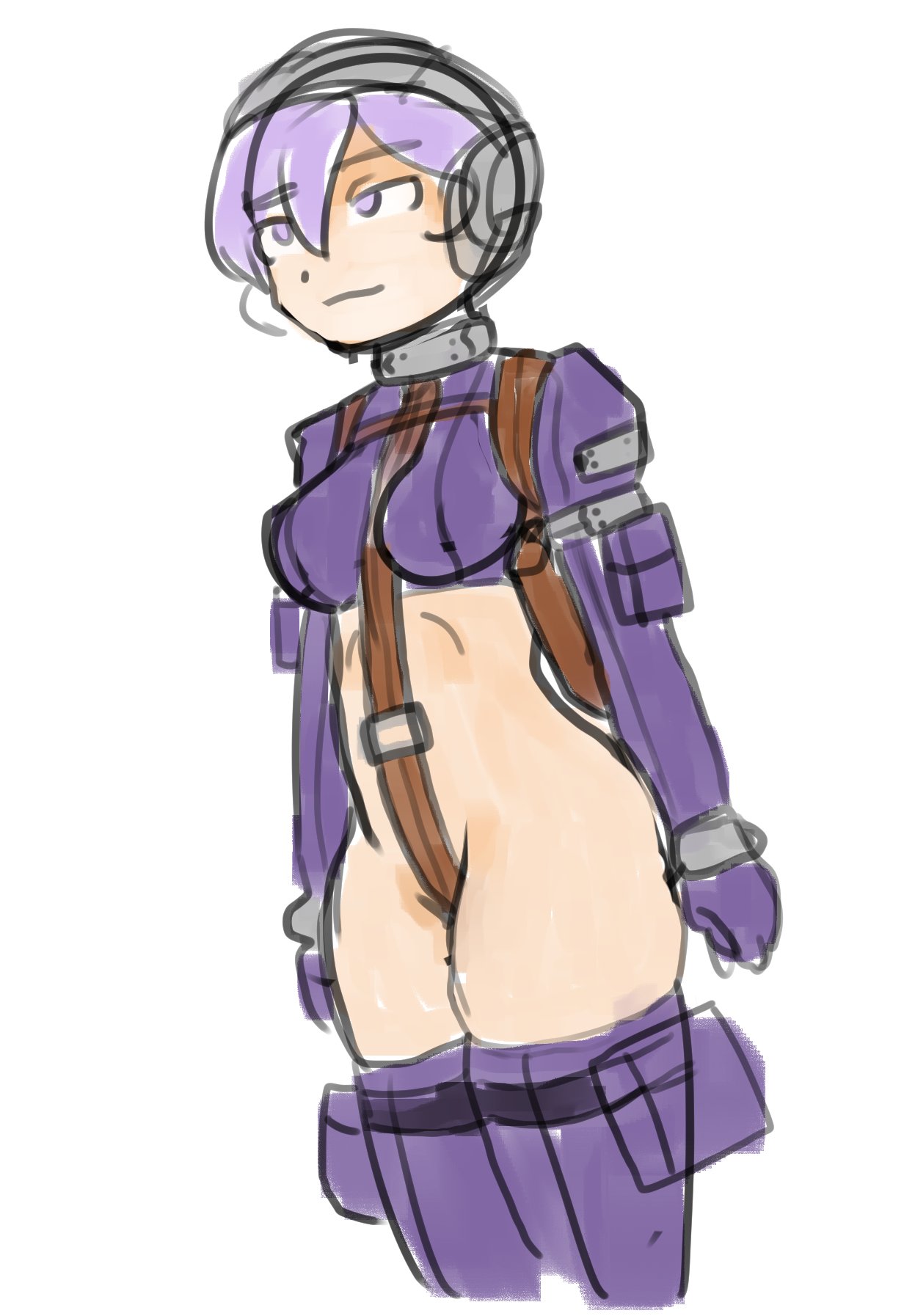 armwear belt casual covering_crotch female handwear headwear human legwear lunaticsoda neckwear pale_skin purple_hair sketch standing the_citadel the_martyr wristwear