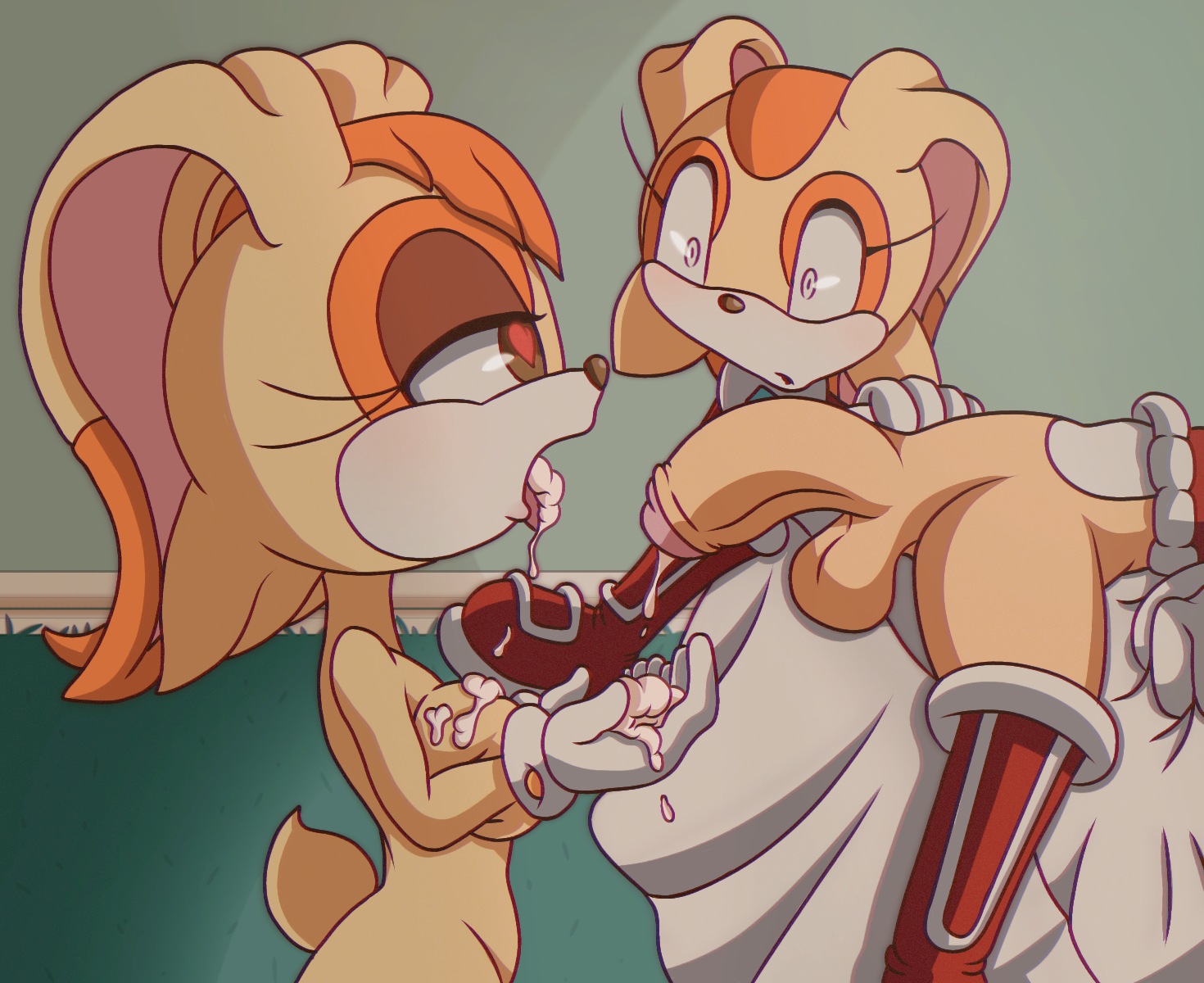 1boy, 2girls, anoningen, blowjob, breasts, choco the rabbit, cream the rabbit, creampie, cum, cum in mouth, cum inside, cum on breasts, cum on hands, cum on tongue, facial, female, heart-shaped pupils, looking at another, male, oc, sonic (series), sonic the hedgehog (series), tagme, vanilla the rabbit