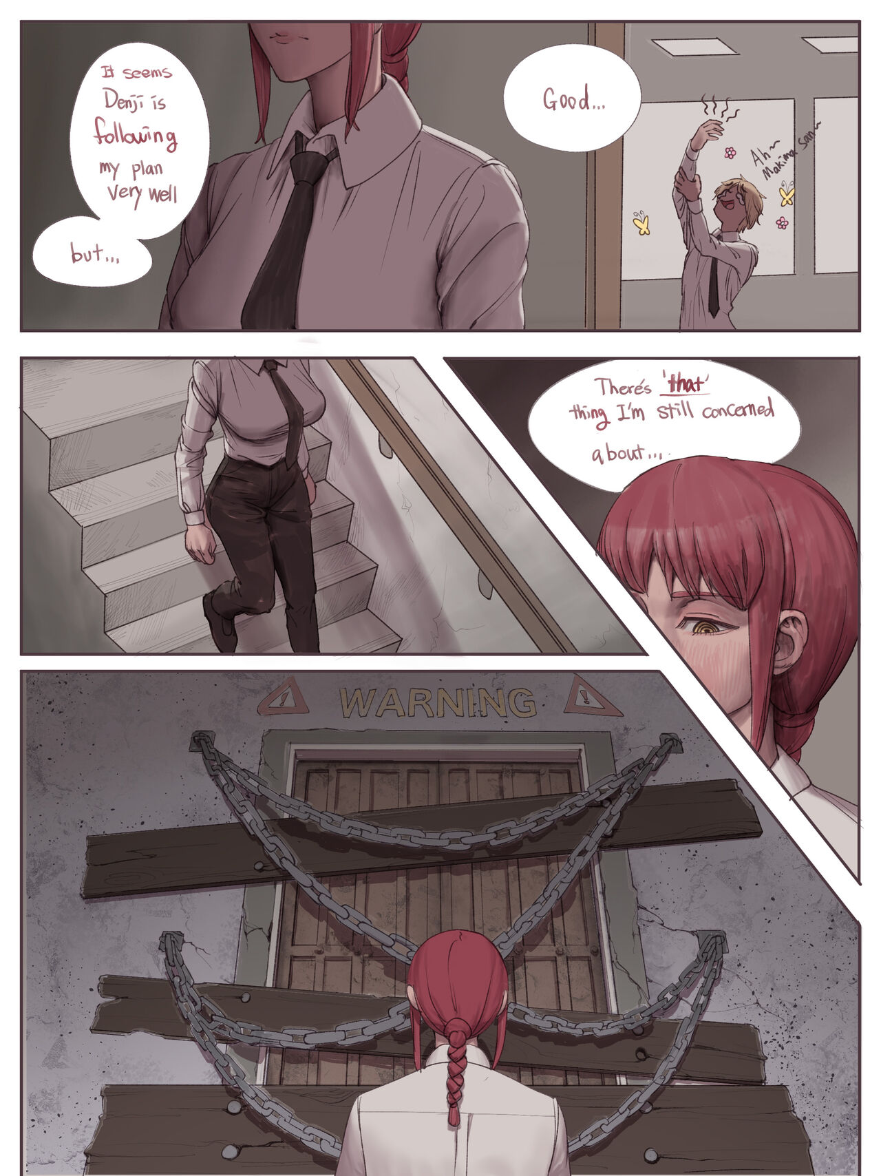 1boy, 1girls, blonde hair, chainsaw man, comic, comic page, denji (chainsaw man), english text, female, human, human only, light skin, light-skinned female, light-skinned male, makima (chainsaw man), male, red hair, wjs07