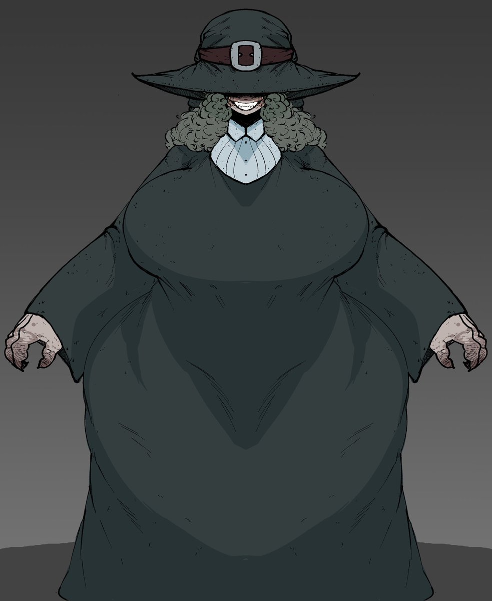 big breasts, breasts, creepy, creepy smile, female, female creature, huge breasts, monster girl, repomorame, serial killer, sharp fingernails, thick thighs, wide hips, witch, witch hat, yandere