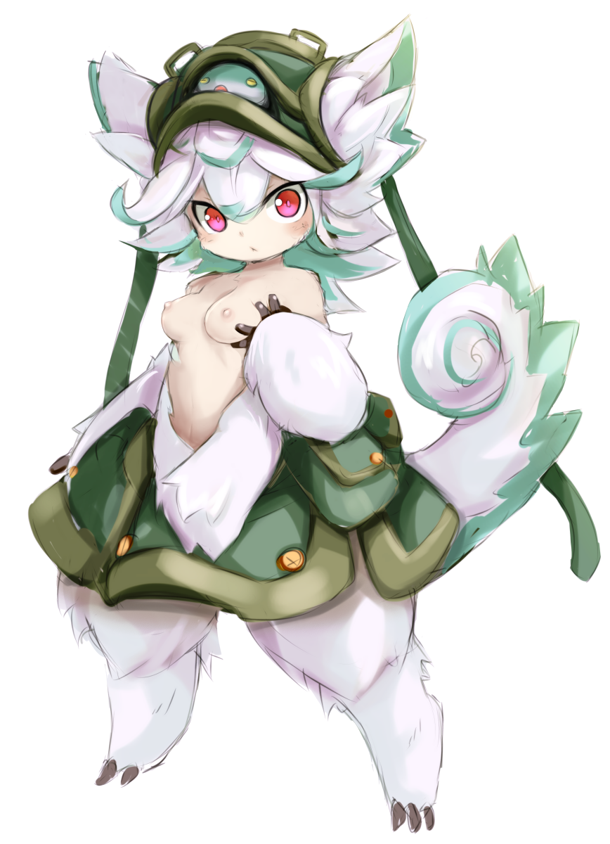 3_toes anthro big_eyes big_head blush bottom_heavy breast_grab claws curled_tail cute female female_only fluffy fluffy_ears full_body fur grabbing_own_breast hand_on_breast hat headgear headwear helmet humanoid karukan_(monjya) looking_at_viewer made_in_abyss medium_breasts meinya narehate neoteny pale-skinned_female pale_skin partially_clothed prushka red_eyes small_breasts solo standing tail topless topless_female tsurime two_tone_fur two_tone_hair white_fur white_hair wide_eyed