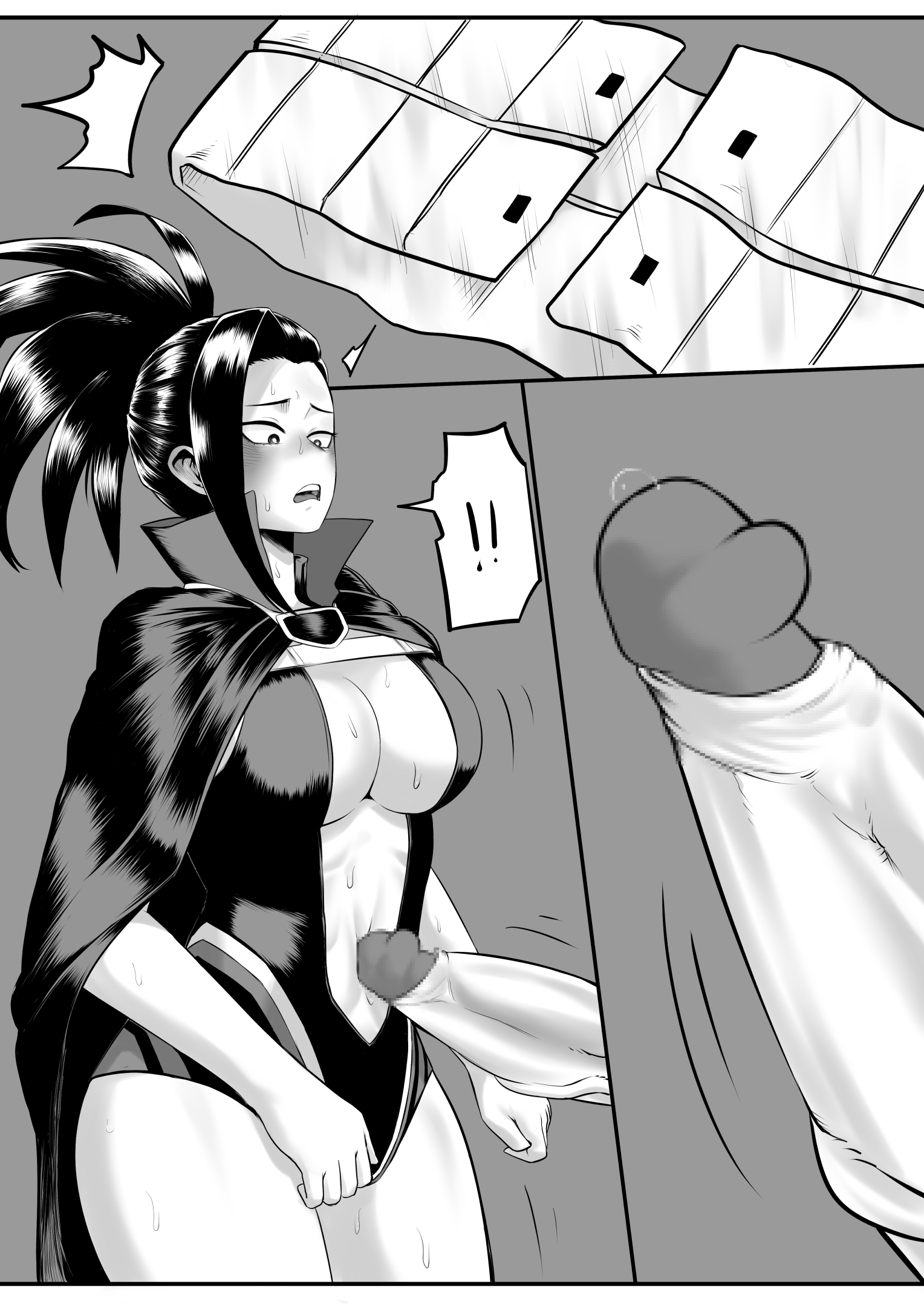1boy, 1girls, amano44, belly, big penis, black hair, blush, blush lines, deku, doujin, doujinshi, female, female human, greyscale, hero outfit (mha), huge cock, huge penis, human, imminent sex, izuku midoriya, large penis, looking at penis, looking down, male, midoriya izuku, momo yaoyorozu, momo yaoyorozu (hero outfit), monochrome, my hero academia, penis, shocked expression, shounen jump, superhero costume, superheroine, sweat, sweatdrop, sweating, thighs, tied hair, veins, yaoyorozu momo, yaoyorozu momo (hero outfit)
