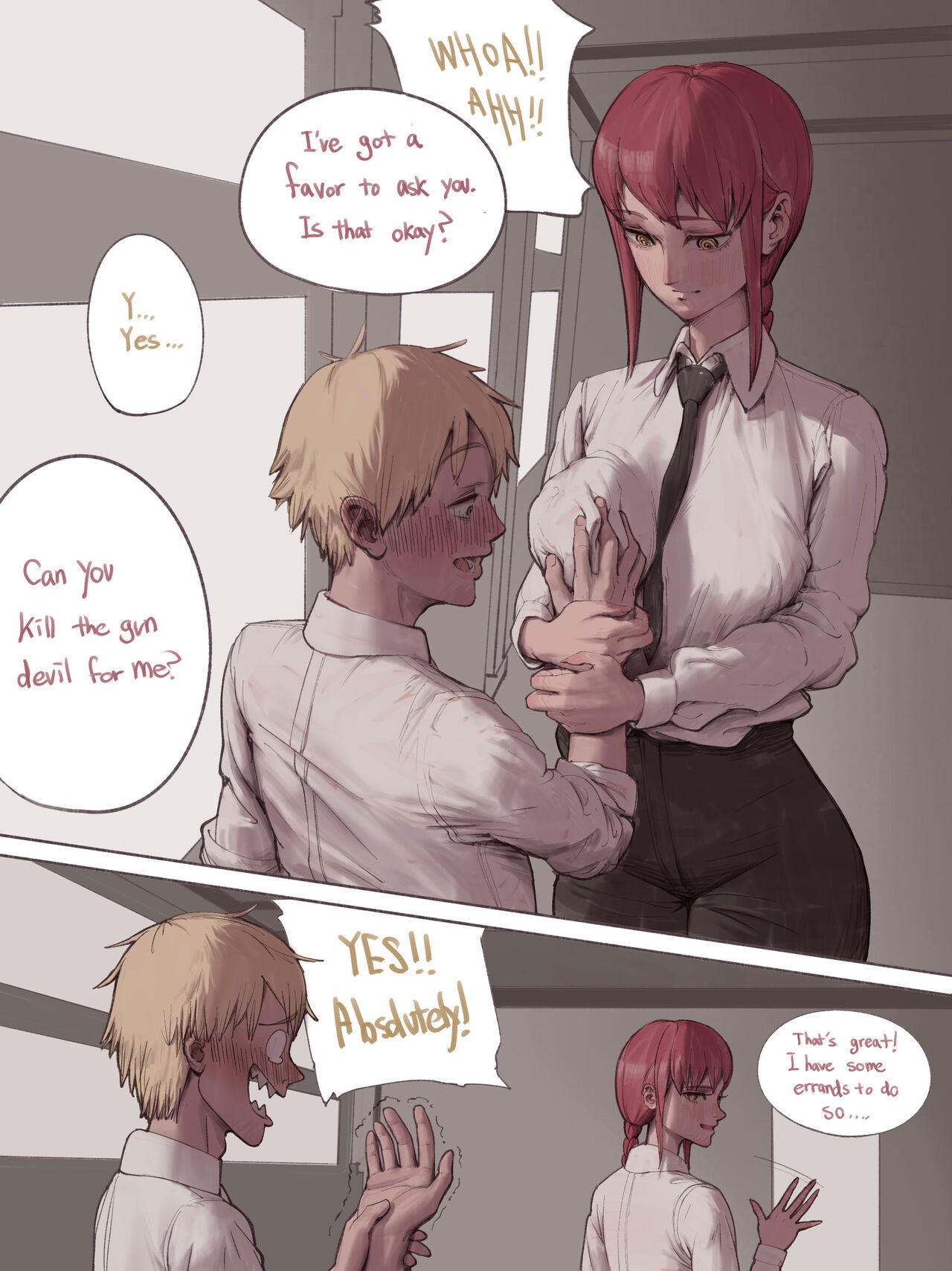 1boy, 1girls, blonde hair, chainsaw man, comic, comic page, denji (chainsaw man), english text, female, human, human only, light skin, light-skinned female, light-skinned male, makima (chainsaw man), male, red hair, wjs07
