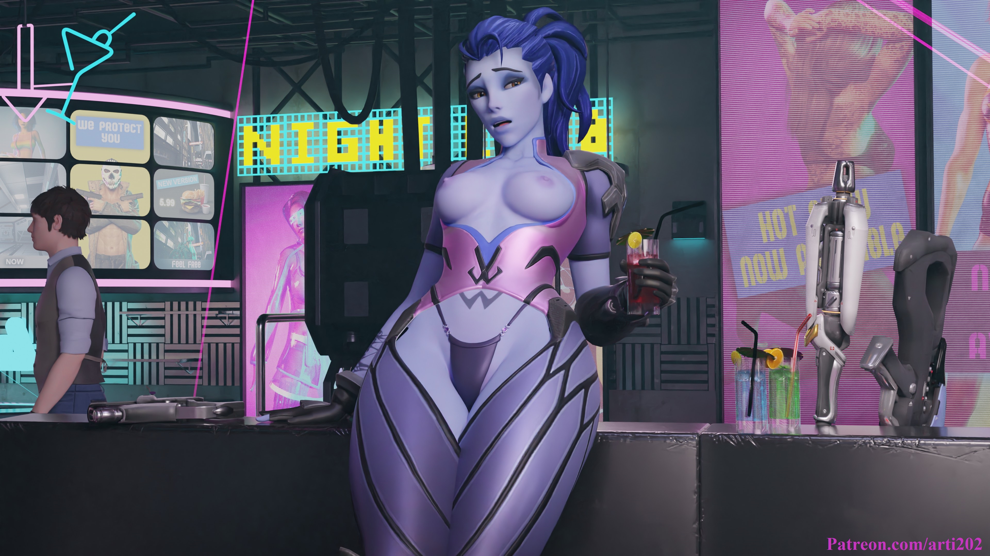 3d, arti202, big breasts, blender, blue skin, breasts, drunk, exposed breasts, female, horny, horny female, inviting, leaning, looking at viewer, mouth open, no bra, overwatch, seductive, seductive look, seductive smile, sitting, solo, solo female, teasing, thighhighs, thighs, widowmaker