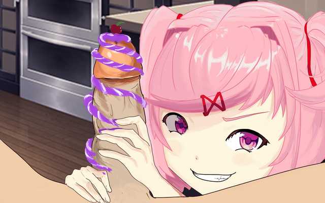 1boy 1female 1girls 1male artist_request cherry doki_doki_literature_club erect_penis erection fang food_play grin hand_on_cock hand_on_penis handjjob hands_on_cock hands_on_penis hard_on icing kitchen male_pov natsuki_(doki_doki_literature_club) oerba_yun_fang pink_eyes pink_hair pov pov_eye_contact purple_icing smile source_request unknown_artist unknown_source unseen_male_face