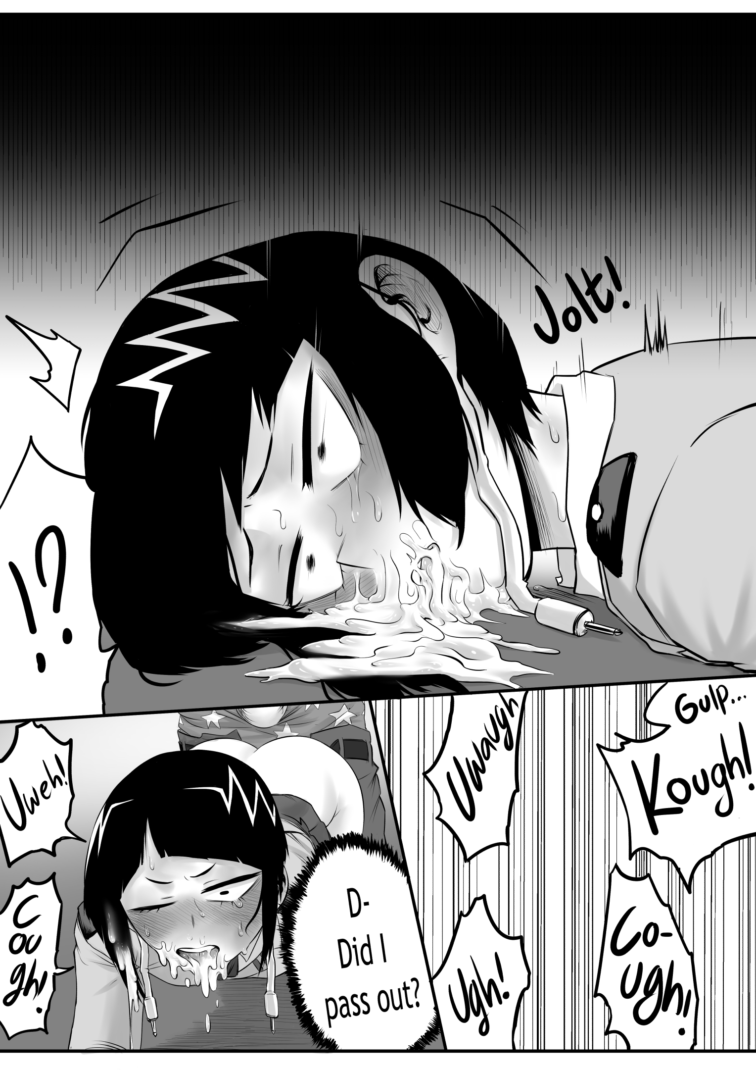 1boy, 1girls, amano44, confusion, coughing, cum, cum in mouth, cum inside, doujin, doujinshi, female, greyscale, imminent sex, izuku midoriya, kyoka jiro, large penis, male, monochrome, my hero academia, penis, tagme, waking up