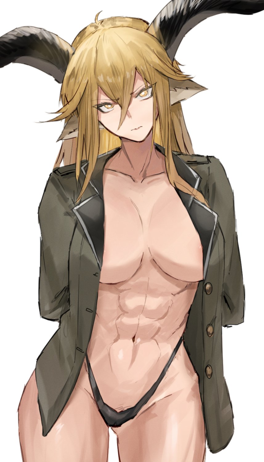 1girls, abs, animal ears, areola slip, arknights, arms behind back, black panties, blonde hair, breasts, buttons, cameltoe, collarbone, cowboy shot, degenbrecher (arknights), female, goat ears, goat girl, goat horns, green jacket, hair ornament, highres, horn/wood, horns, jacket, large breasts, light skin, light-skinned female, long hair, looking at viewer, no bra, no shirt, open clothes, open jacket, panties, pussy, simple background, solo, underwear, v-shaped eyebrows, white background