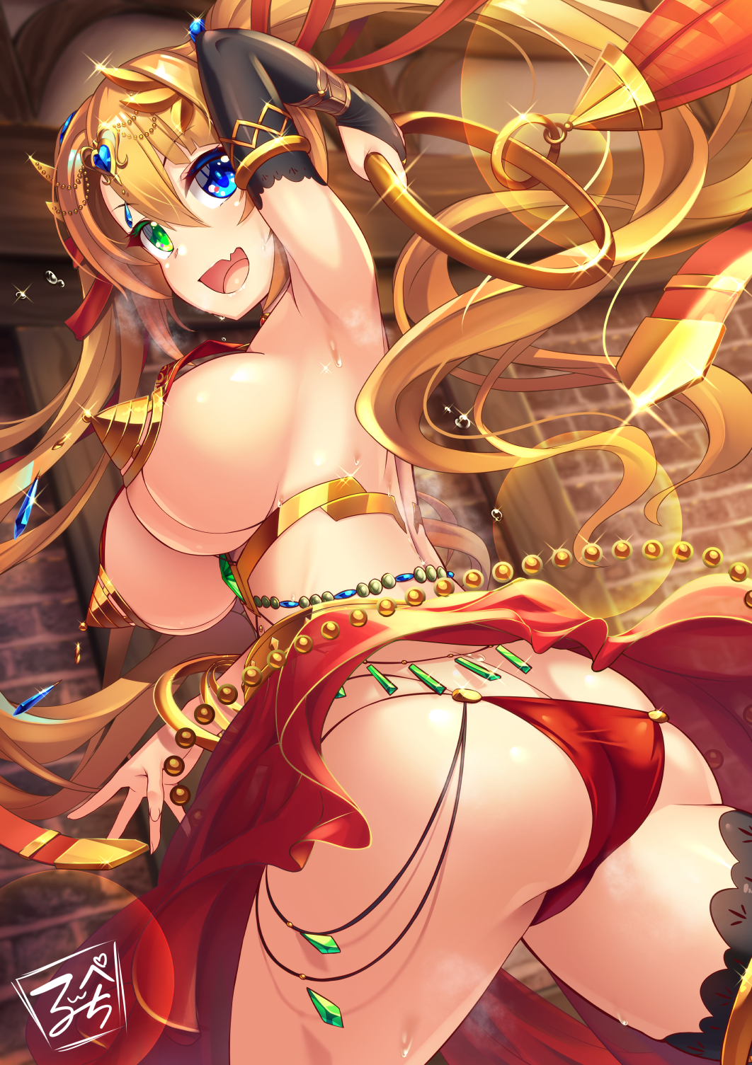 armlet ass belly_chain bikini bikini_bottom_only blonde_hair blue_eyes blue_gemstone bracelet breasts bridal_gauntlets circlet dancer diffraction_spikes female female from_behind gem glint gold gold_choker green_eyes hair_between_eyes harem_outfit head_chain heterochromia highres jewelry large_breasts long_hair looking_at_viewer looking_back luupechi midriff nipple_shield oerba_yun_fang open_mouth original revealing_clothes sideboob single_bridal_gauntlet skin_fang skirt swimsuit thighlet twintails unaligned_breasts very_long_hair wavy_hair yuki_(luupechi)