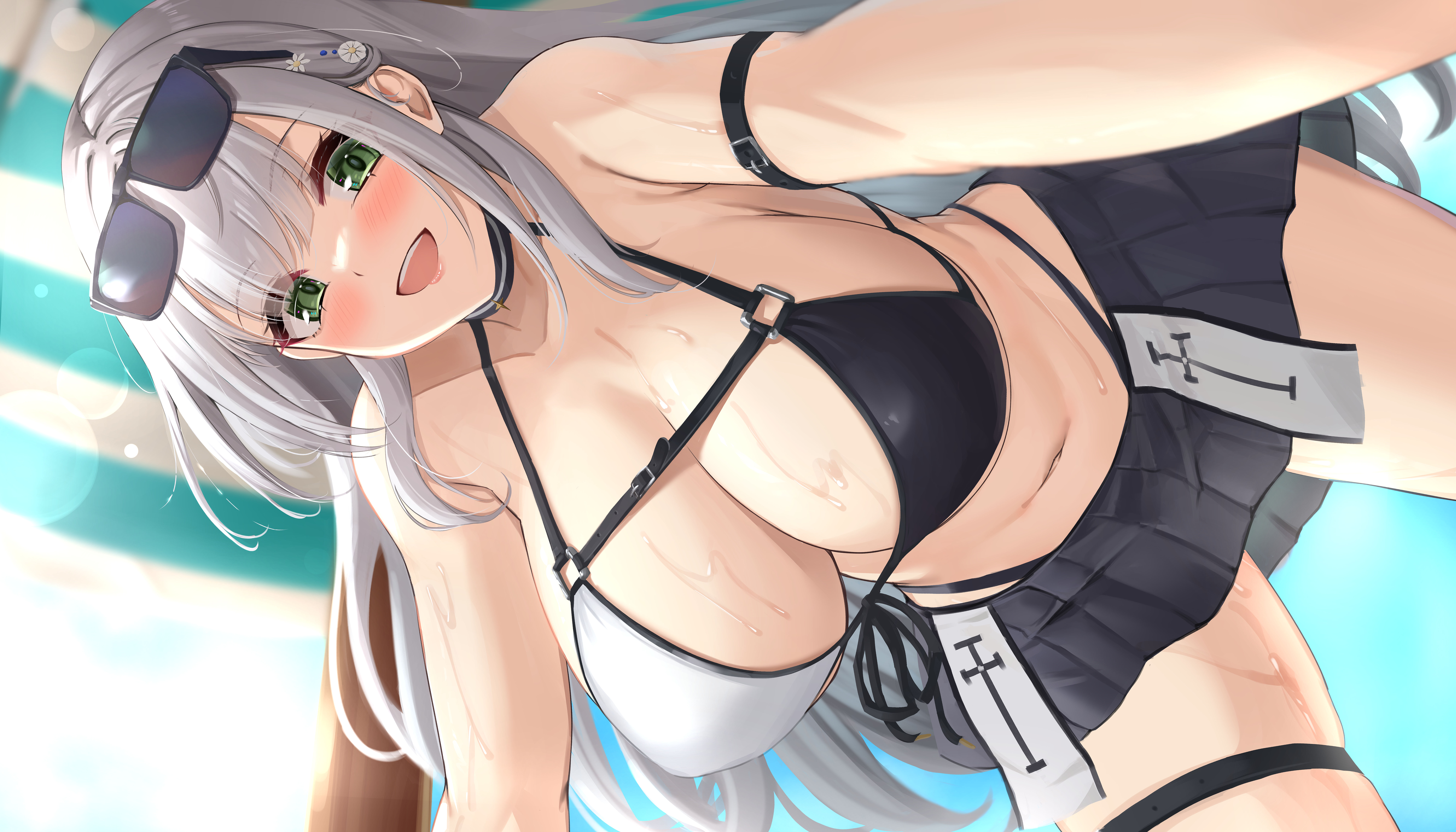 1girls, 2022, all fours, beach, bikini, breasts, cleavage, female, female only, green eyes, hi res, hips, hololive, hololive fantasy, hololive japan, huge breasts, kuutamo, long hair, looking at viewer, low-angle view, outdoors, shirogane noel, slim waist, smile, sunglasses, sunglasses on head, swimsuit, thick thighs, thighs, very long hair, virtual youtuber, white hair, wide hips